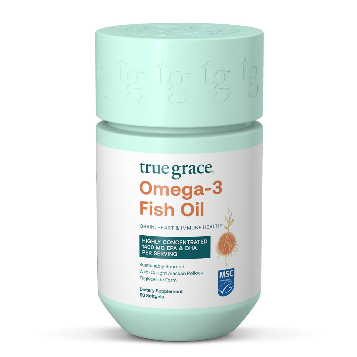 True Grace frente del envase mostrando 60 cápsulas y beneficios sostenibles
