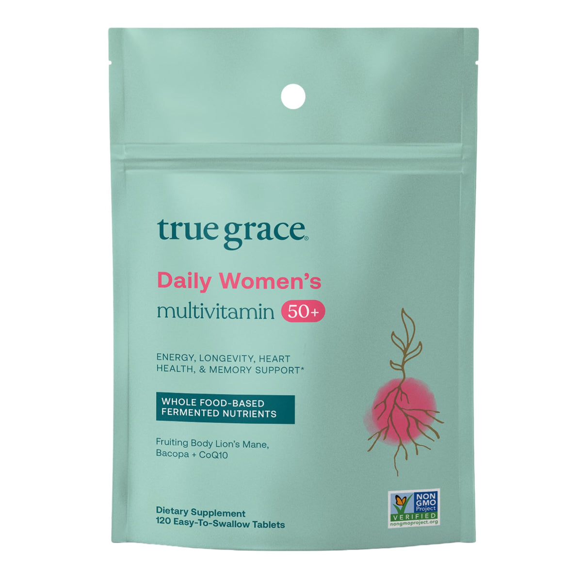 True Grace frontal del empaque mostrando 120 comprimidos y beneficios