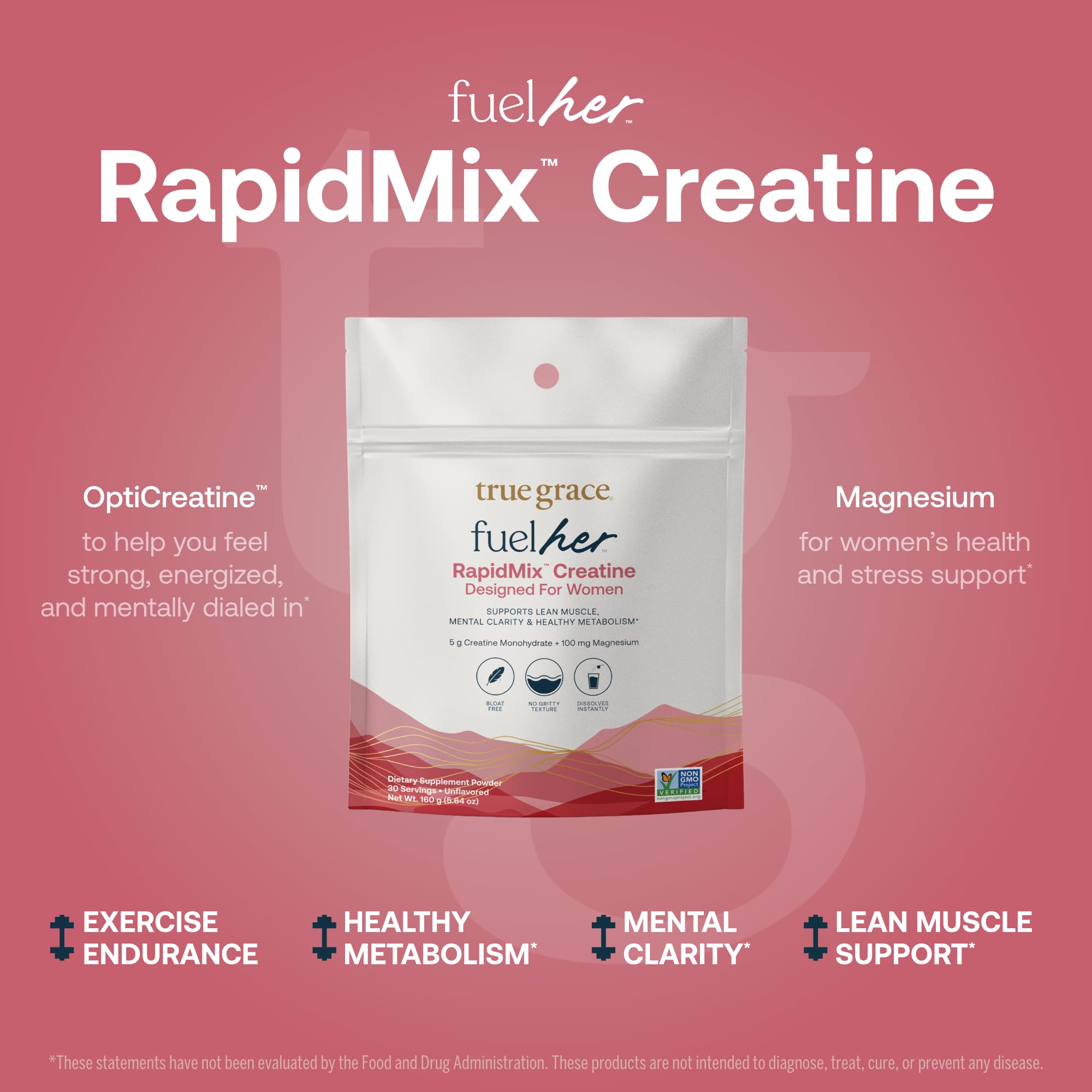 Cuchara medidora con polvo True Grace FuelHer listo para mezclar, facilita dosificación precisa