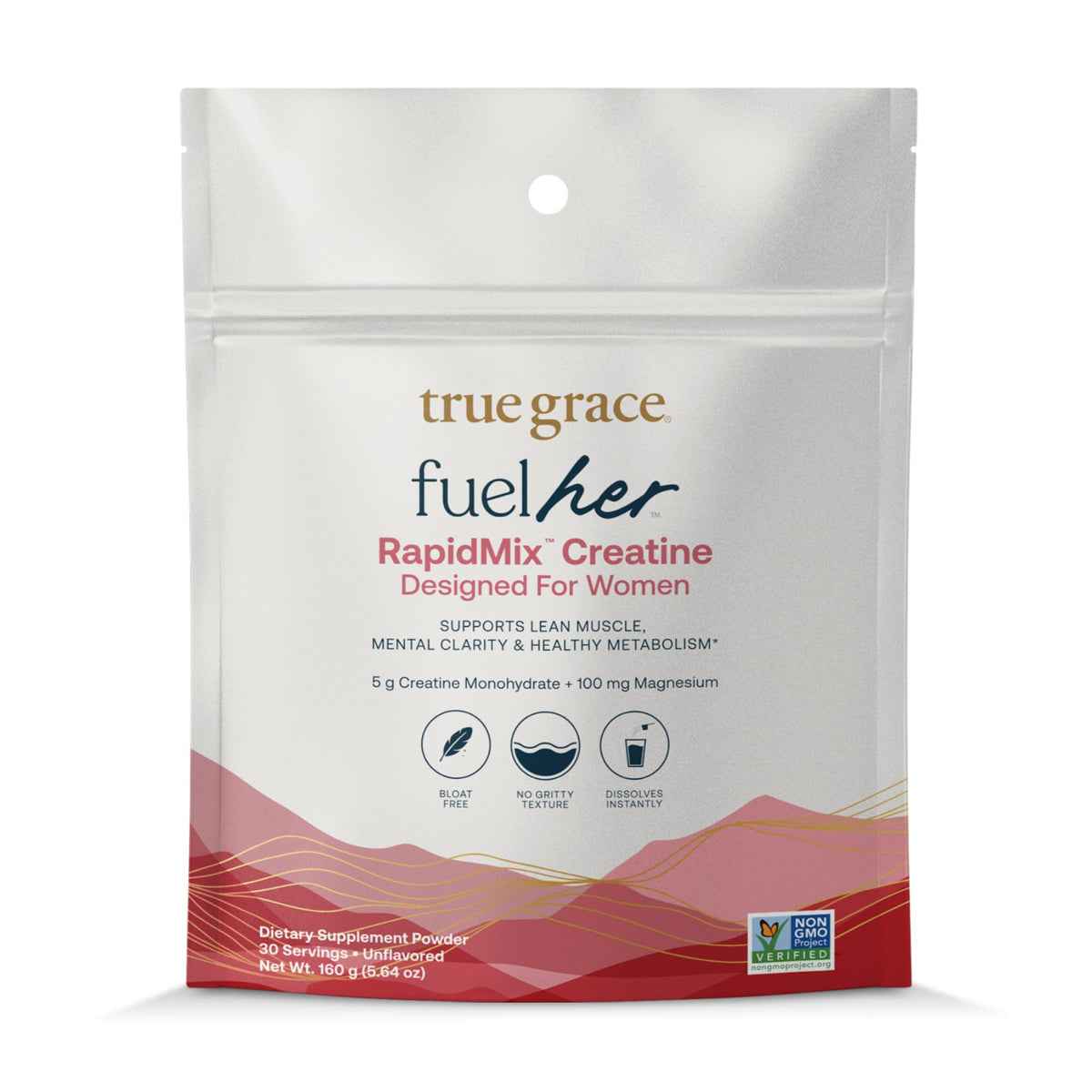Envase True Grace FuelHer RapidMix frontal mostrando diseño y tamaño, aporta confianza