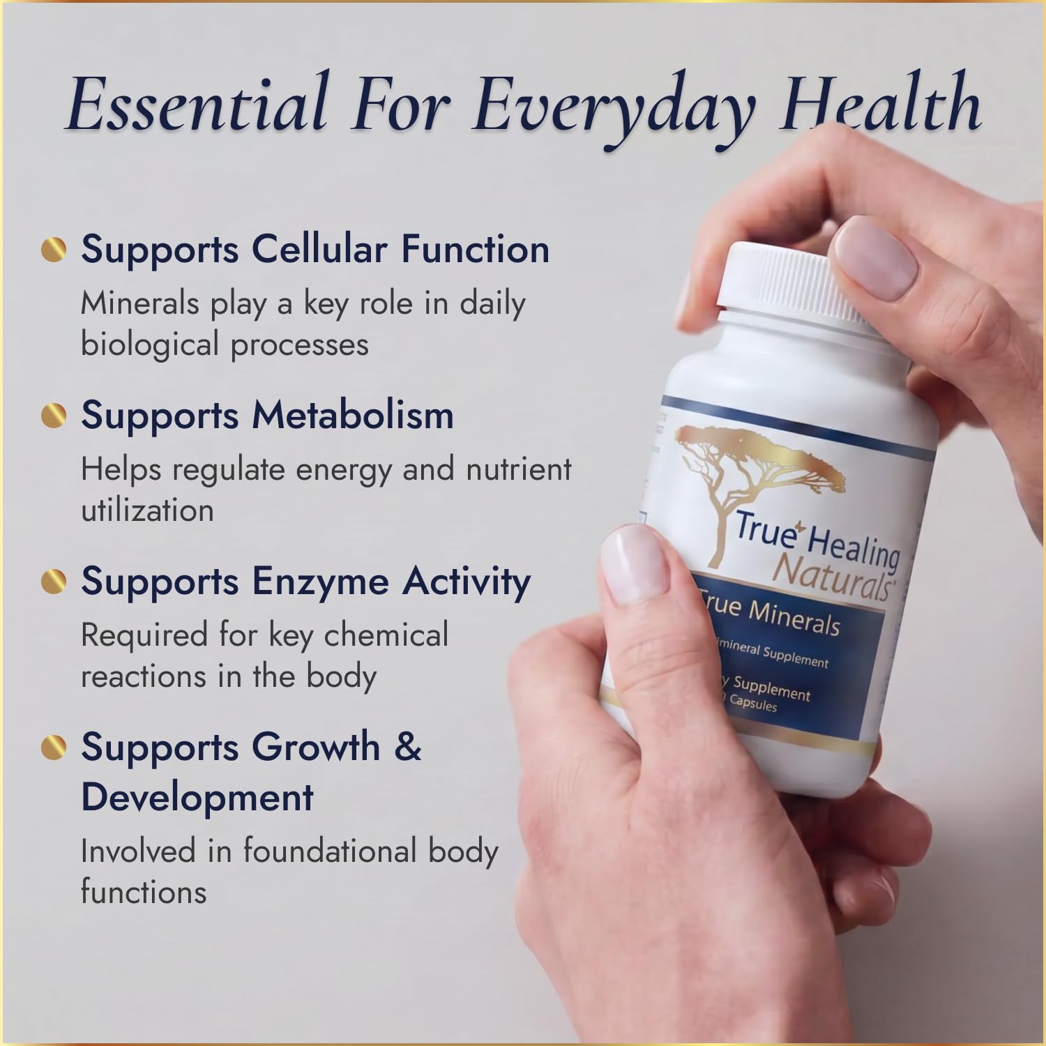True Healing Naturals etiqueta con lista de minerales y seguridad alimentaria