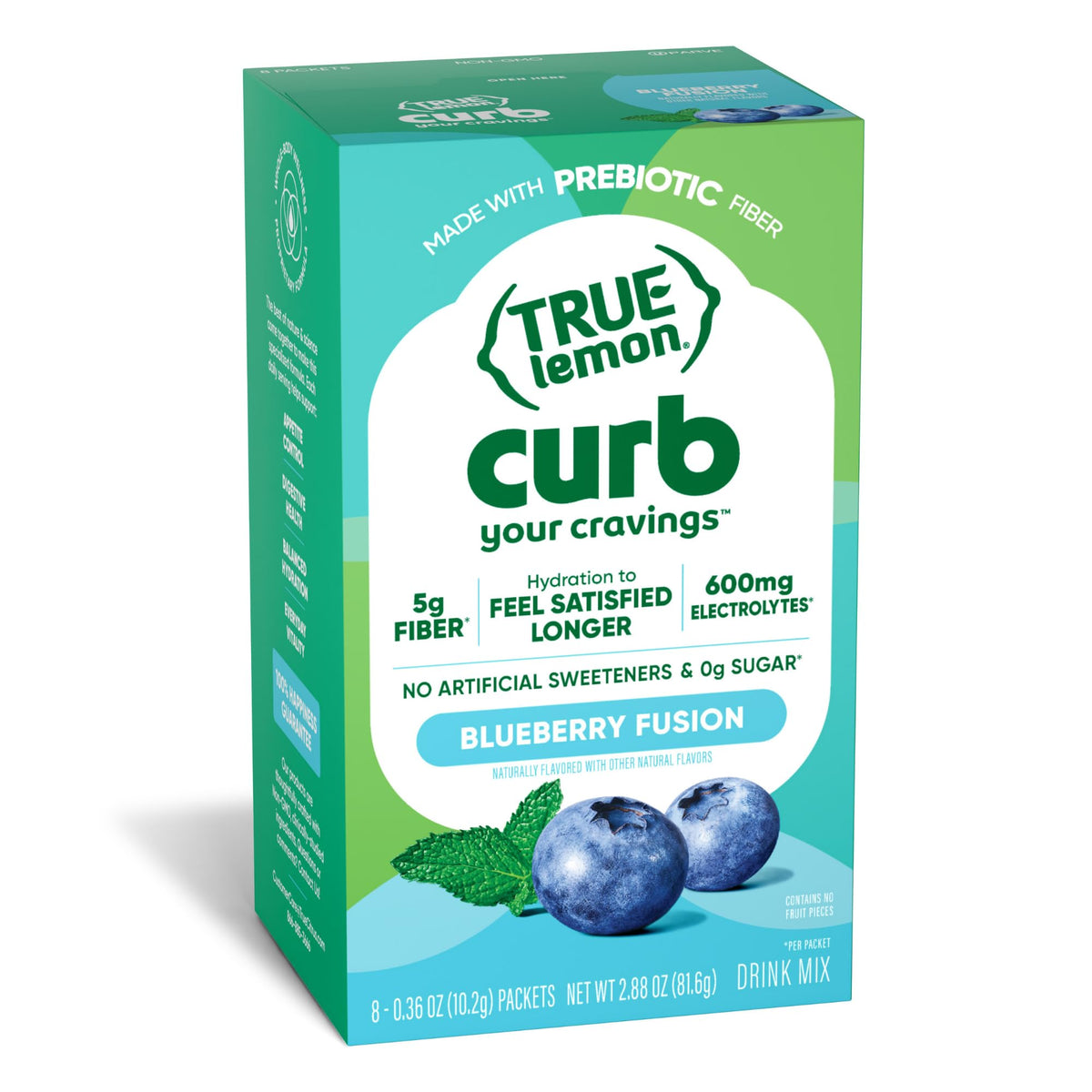 True Lemon caja frontal Blueberry muestra el embalaje y beneficios para control de apetito