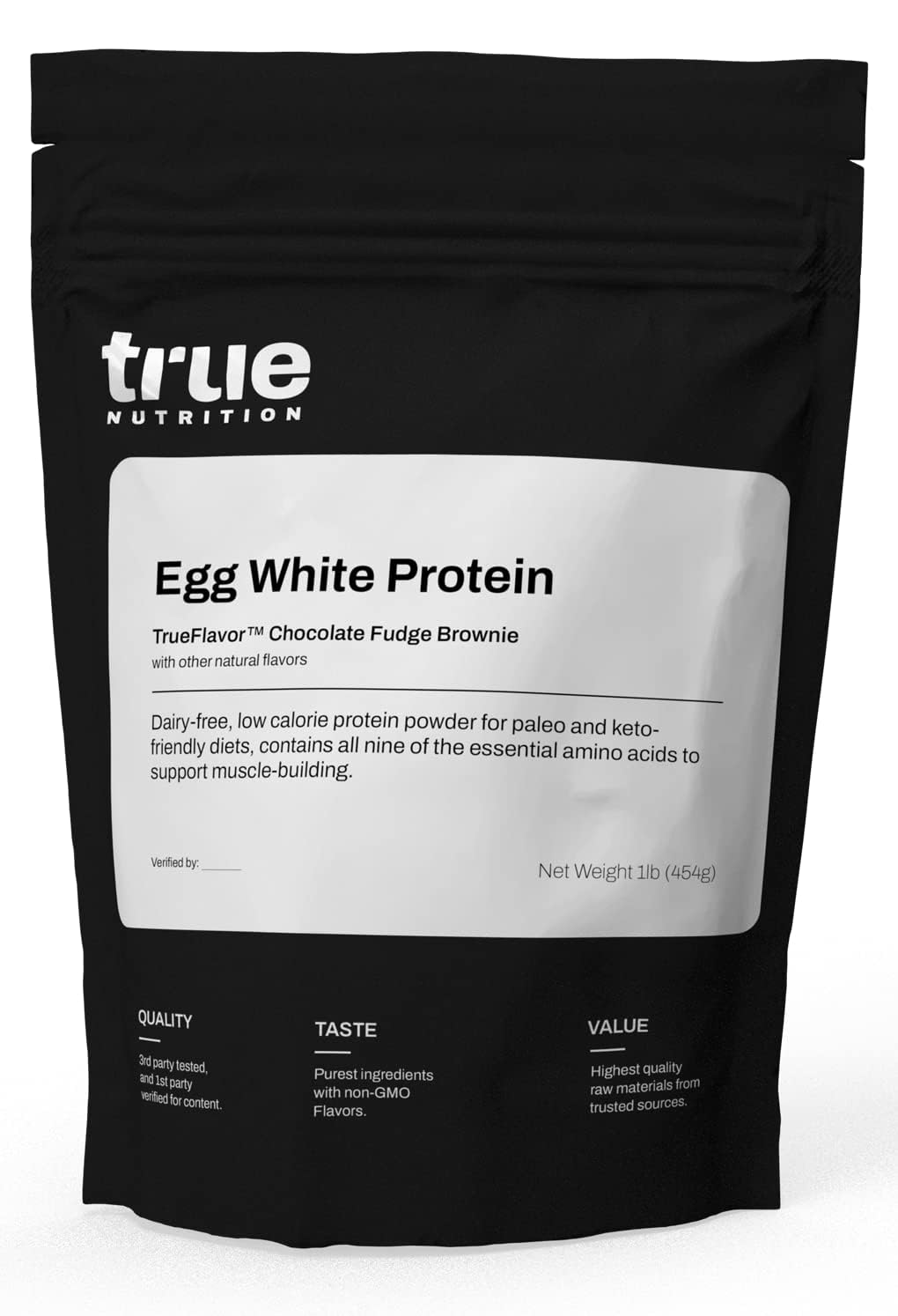 True Nutrition envase frontal mostrando sabor Chocolate Fudge Brownie y beneficio de proteína pura