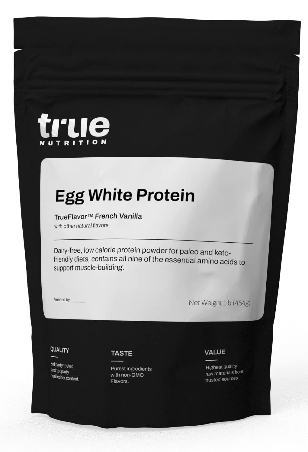 True Nutrition envase frontal Vainilla Francesa, muestra clara y beneficio puro