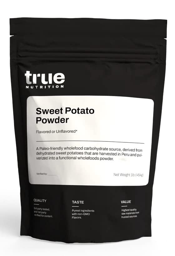 True Nutrition envase frontal del polvo de batata, presentación clara y sin aditivos