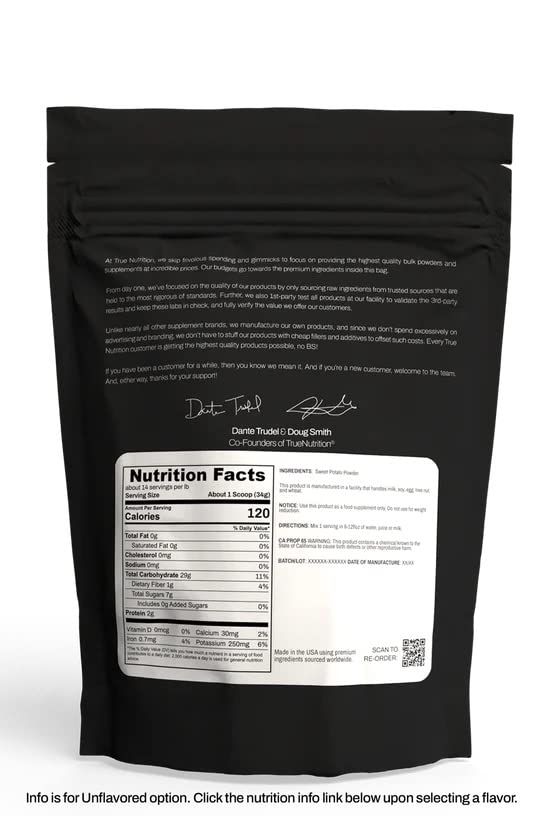 True Nutrition textura del polvo de batata en primer plano, muestra homogénea y fácil de mezclar