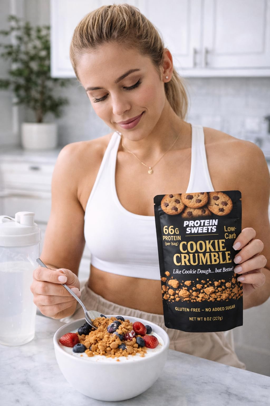 TRUE PATH ingredientes sobre mesa: proteína, cacahuete y chispas sin azúcar