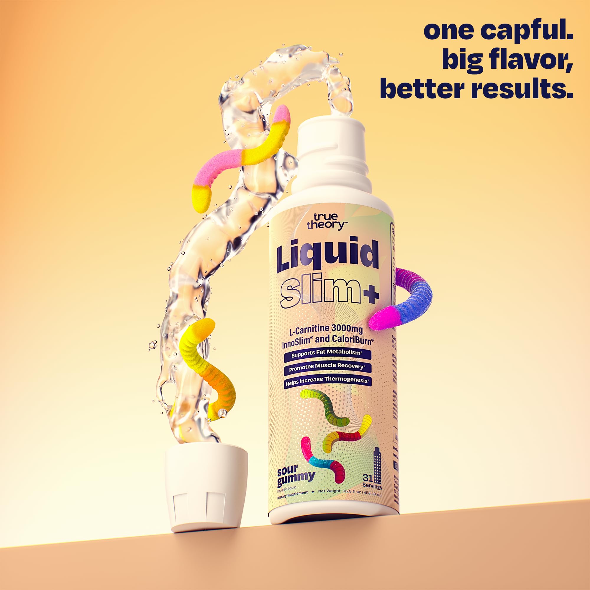 Etiqueta de True Theory Liquid Slim mostrando CaloriBurn GP® e InnoSlim® y valores por ración