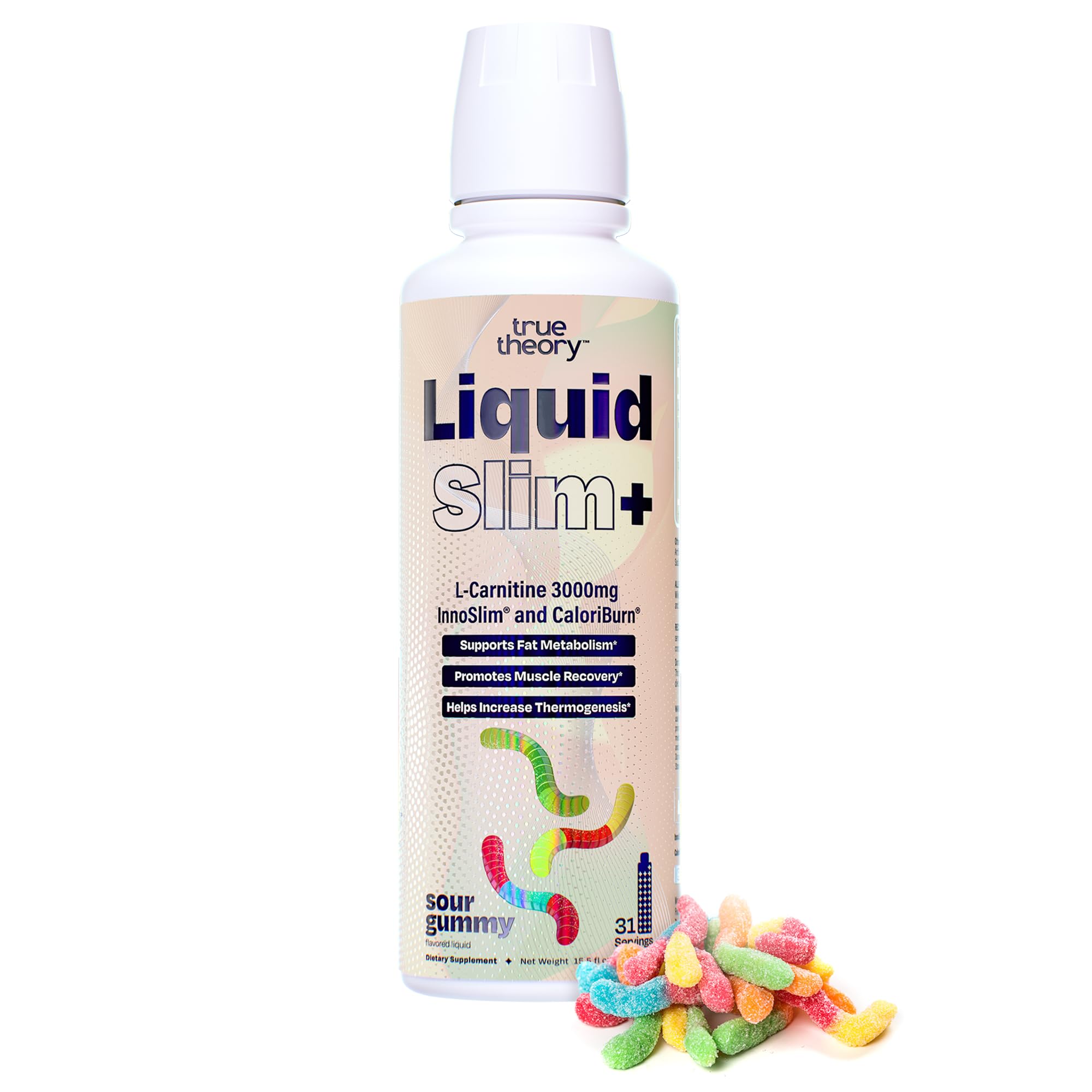 True Theory Liquid Slim vista frontal del envase mostrando el diseño y sabor Sour Gummy Worms