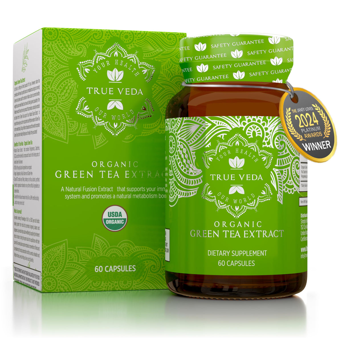 True Veda frente del envase mostrando 60 cápsulas y sello USDA Organic