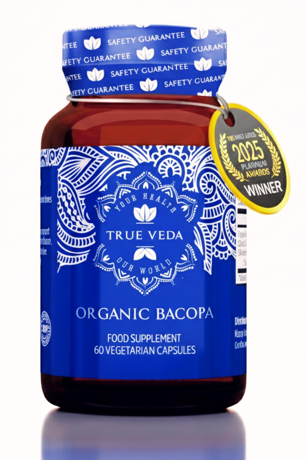 True Veda envase frontal de Bacopa Monnieri con etiqueta orgánica y certificación