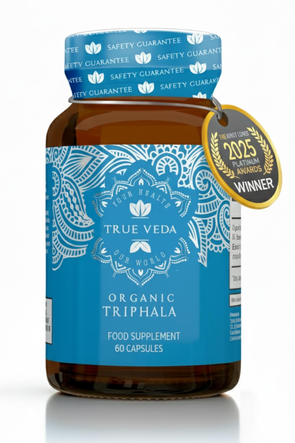True Veda frasco frontal con sello USDA y beneficio de pureza