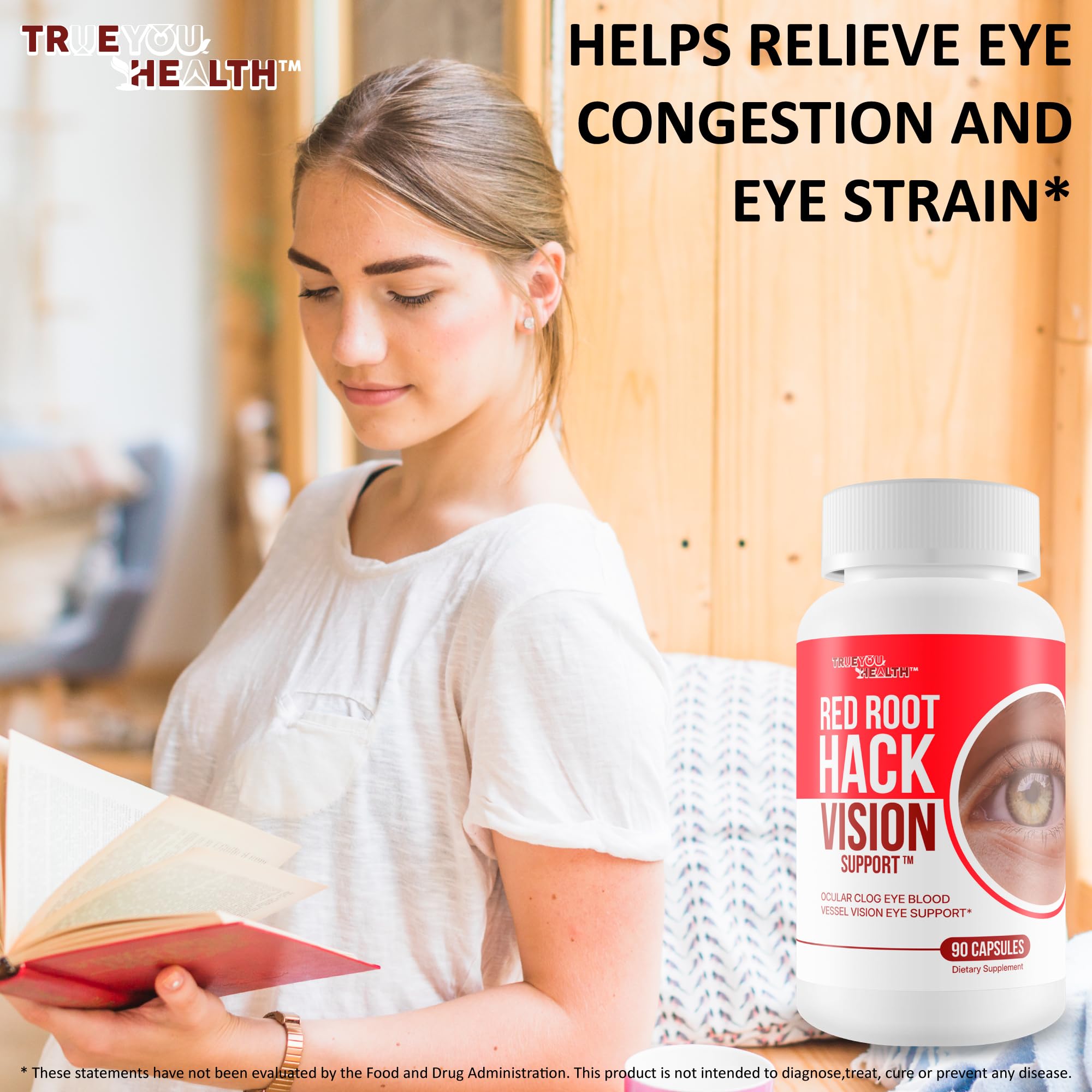 True You Health suplemento al lado de una pantalla para aliviar fatiga visual