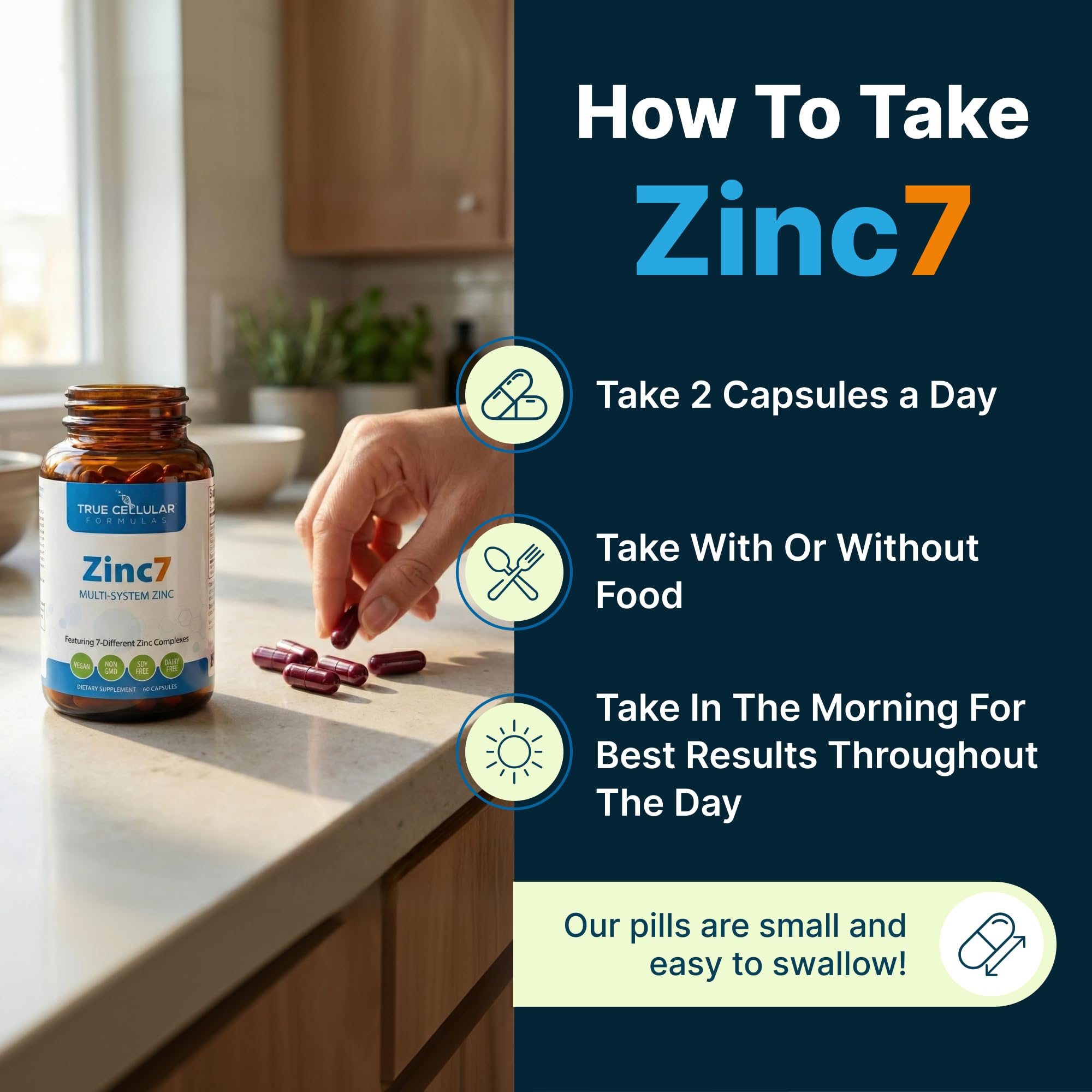 True Cellular Formulas Zinc7 junto a un desayuno saludable para rutina diaria equilibrada