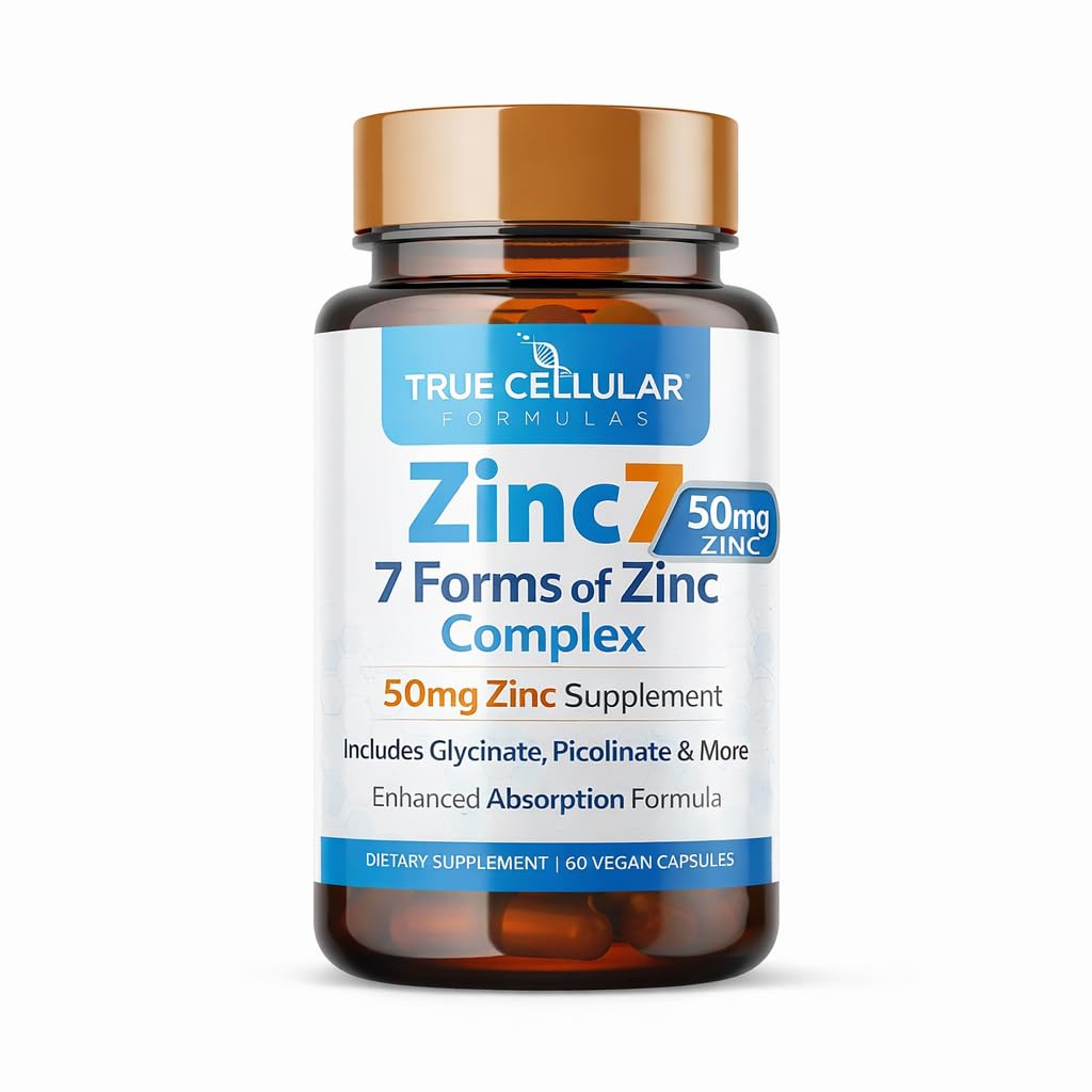 True Cellular Formulas frasco frontal de Zinc7 mostrando 60 cápsulas y etiqueta clara