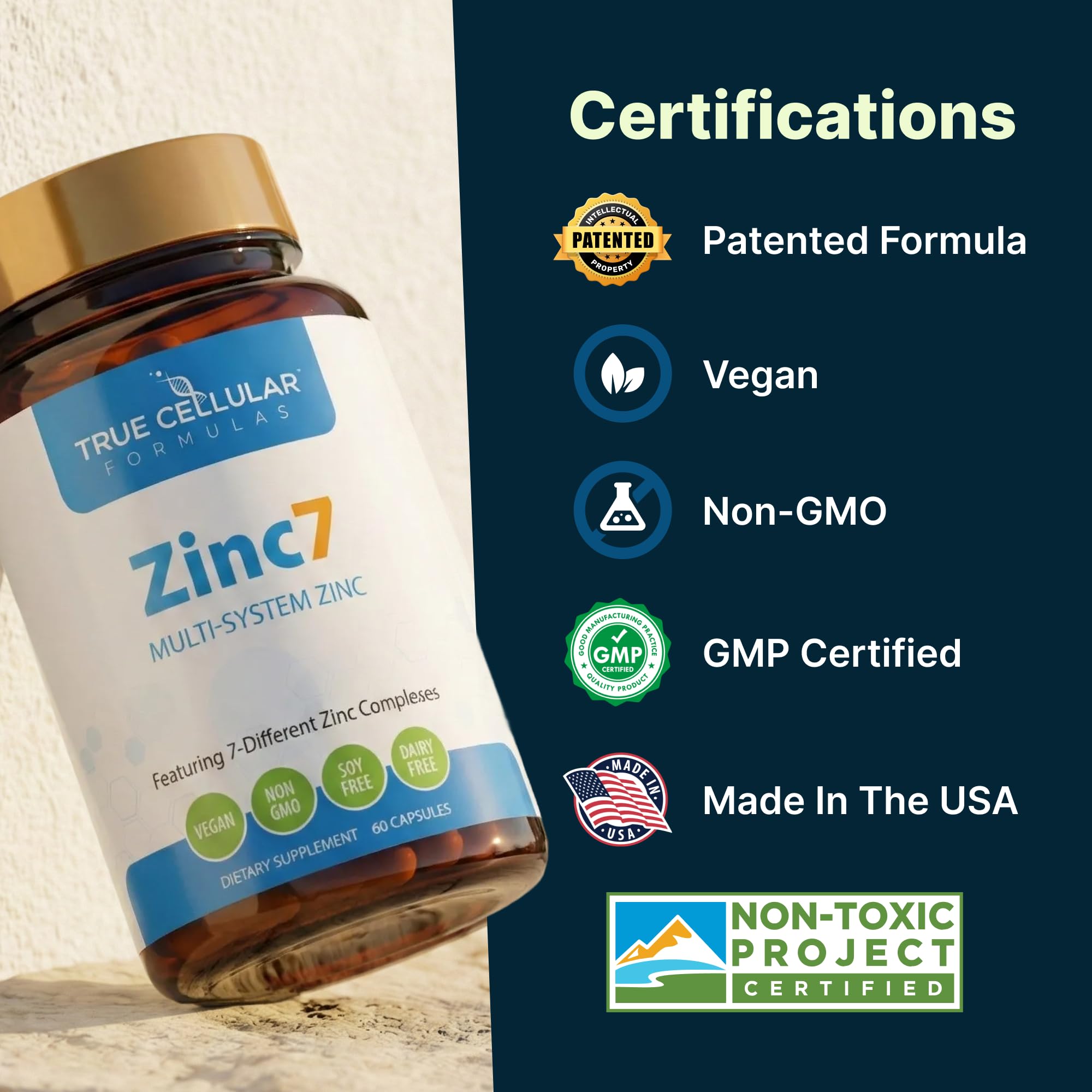 True Cellular Formulas gráfico de las siete formas de zinc incluidas en Zinc7