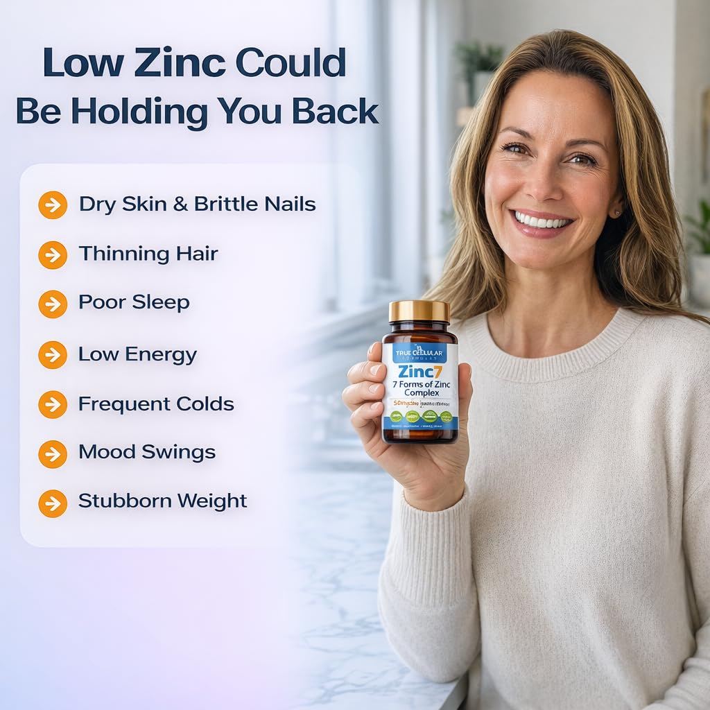 True Cellular Formulas suplemento Zinc7 en mesita de noche sugerido para toma nocturna