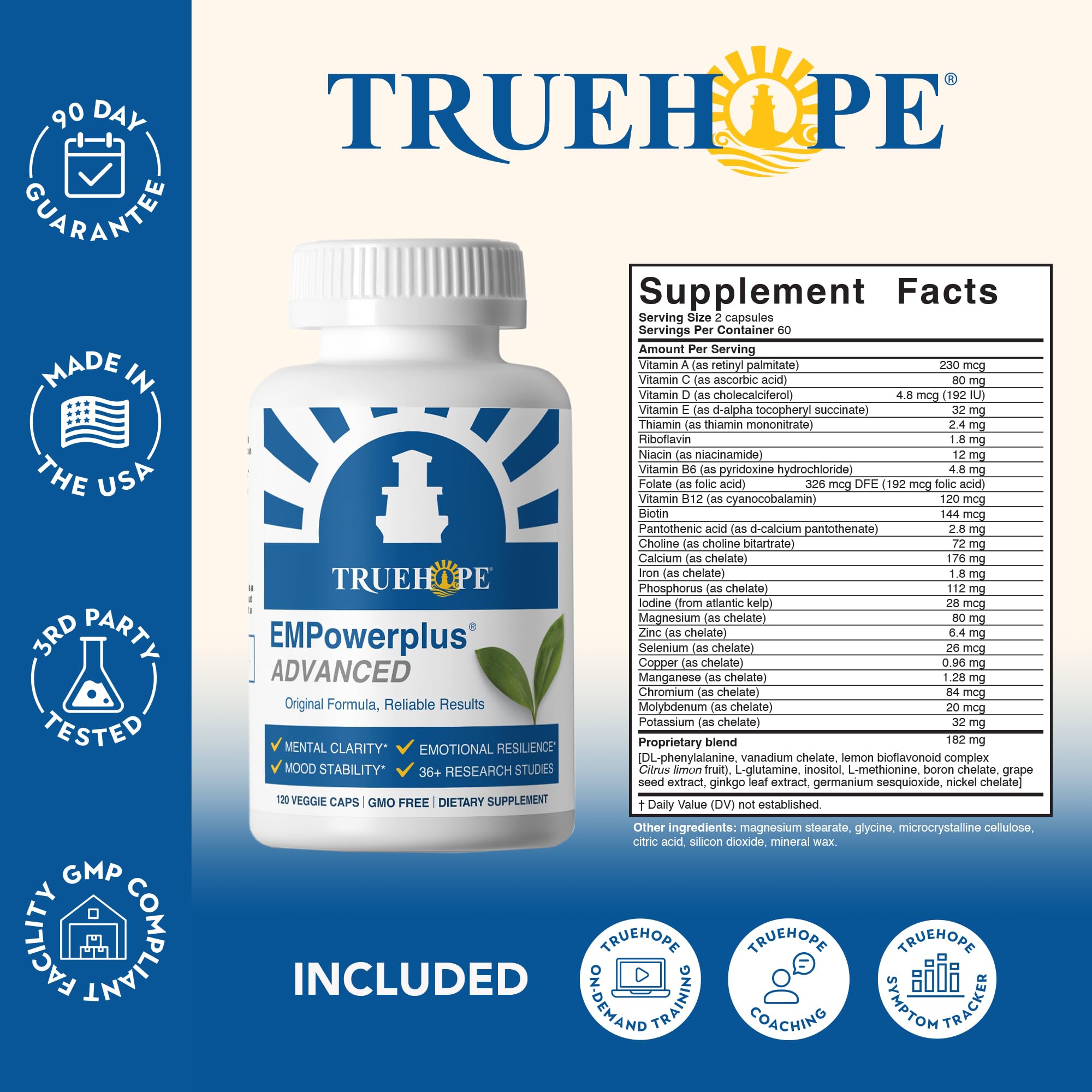 Truehope envase de 30 días frente a fondo neutro para referencia de tamaño