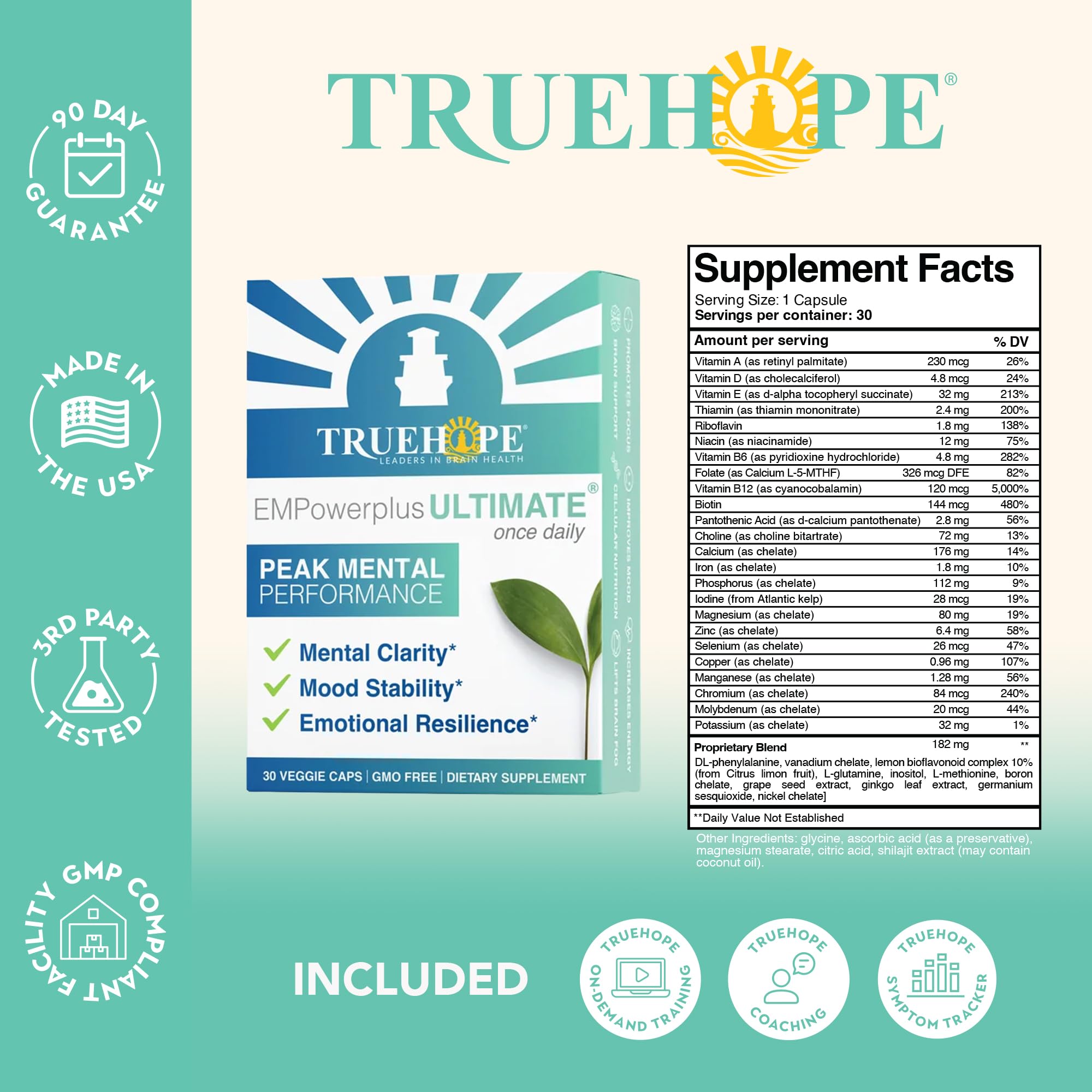 Truehope etiqueta en primer plano con ingredientes clave, aporta transparencia sobre la fórmula