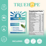 Truehope etiqueta en primer plano con ingredientes clave, aporta transparencia sobre la fórmula