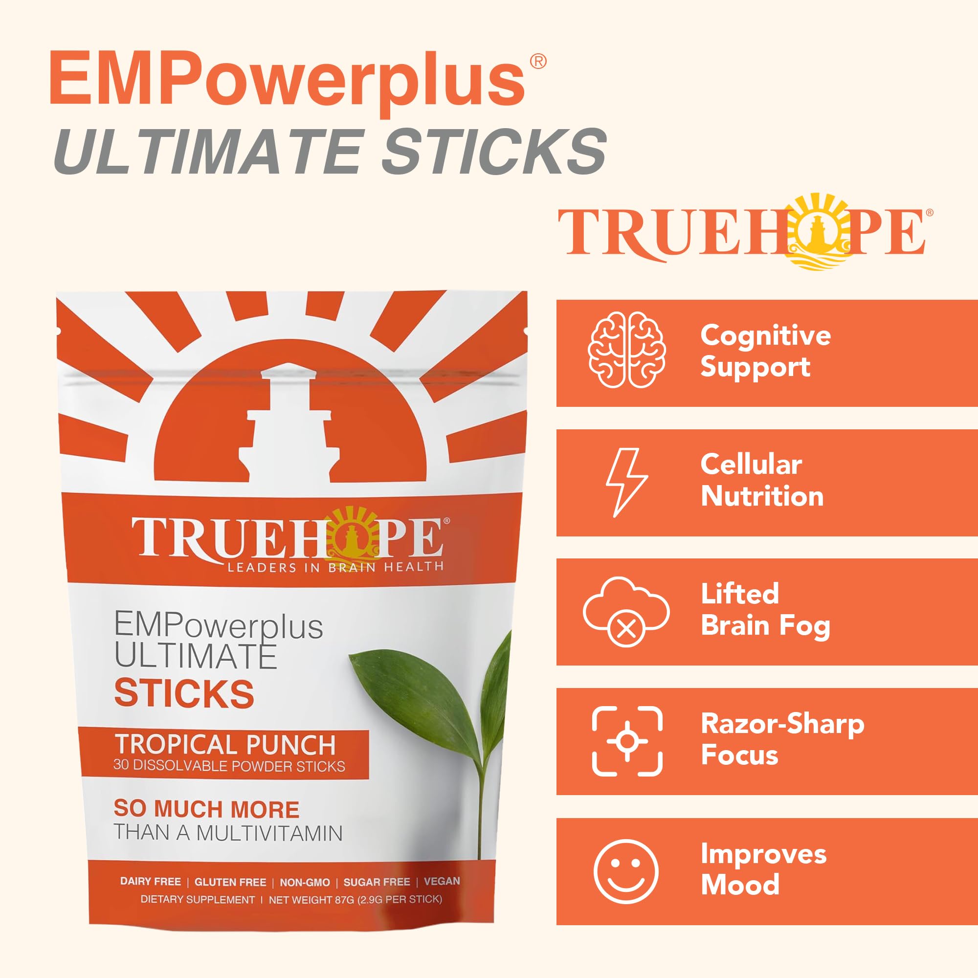 Truehope mano sosteniendo un sobre en uso, práctico para tomar fuera de casa