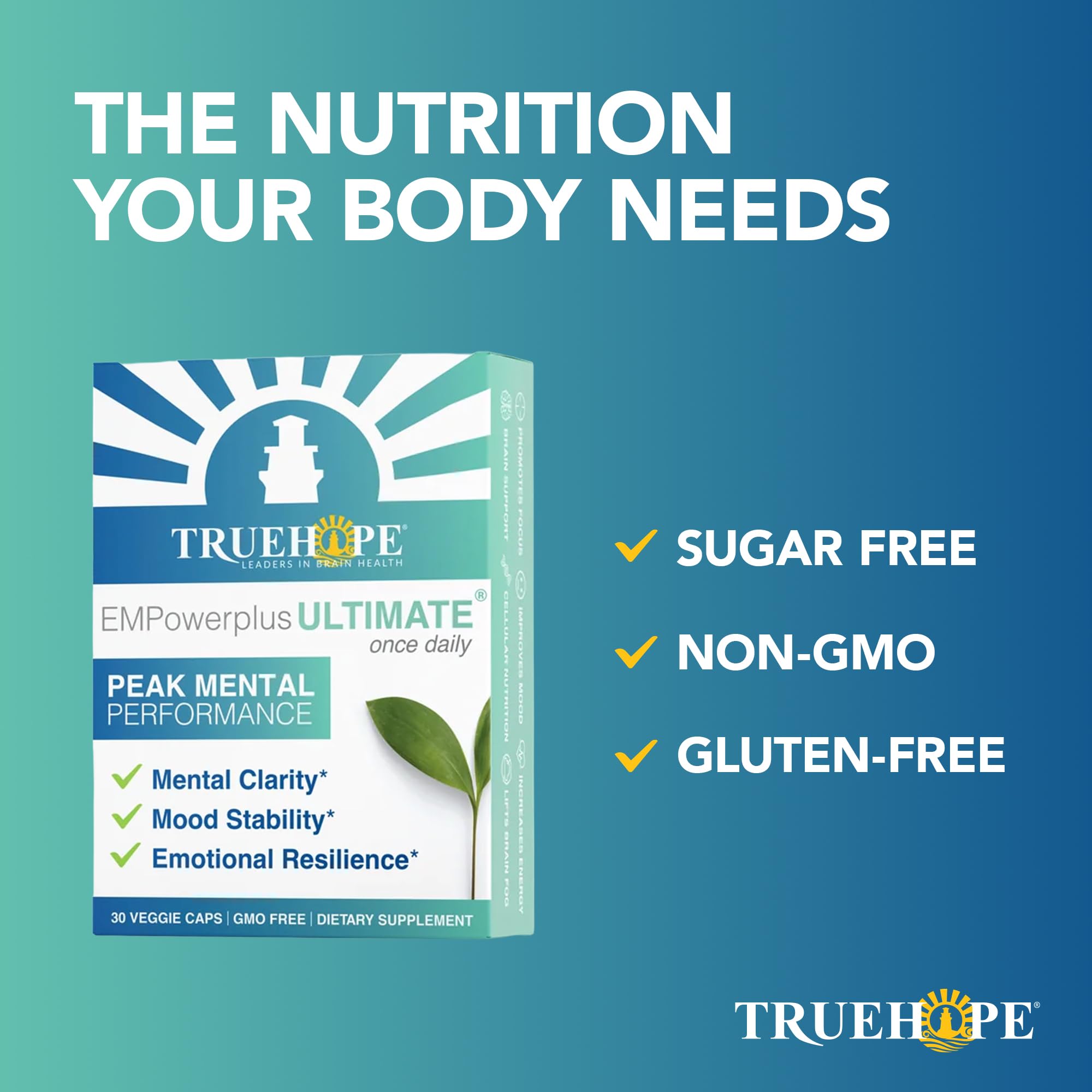 Truehope frasco junto a una mano para comparar tamaño y dosis diaria