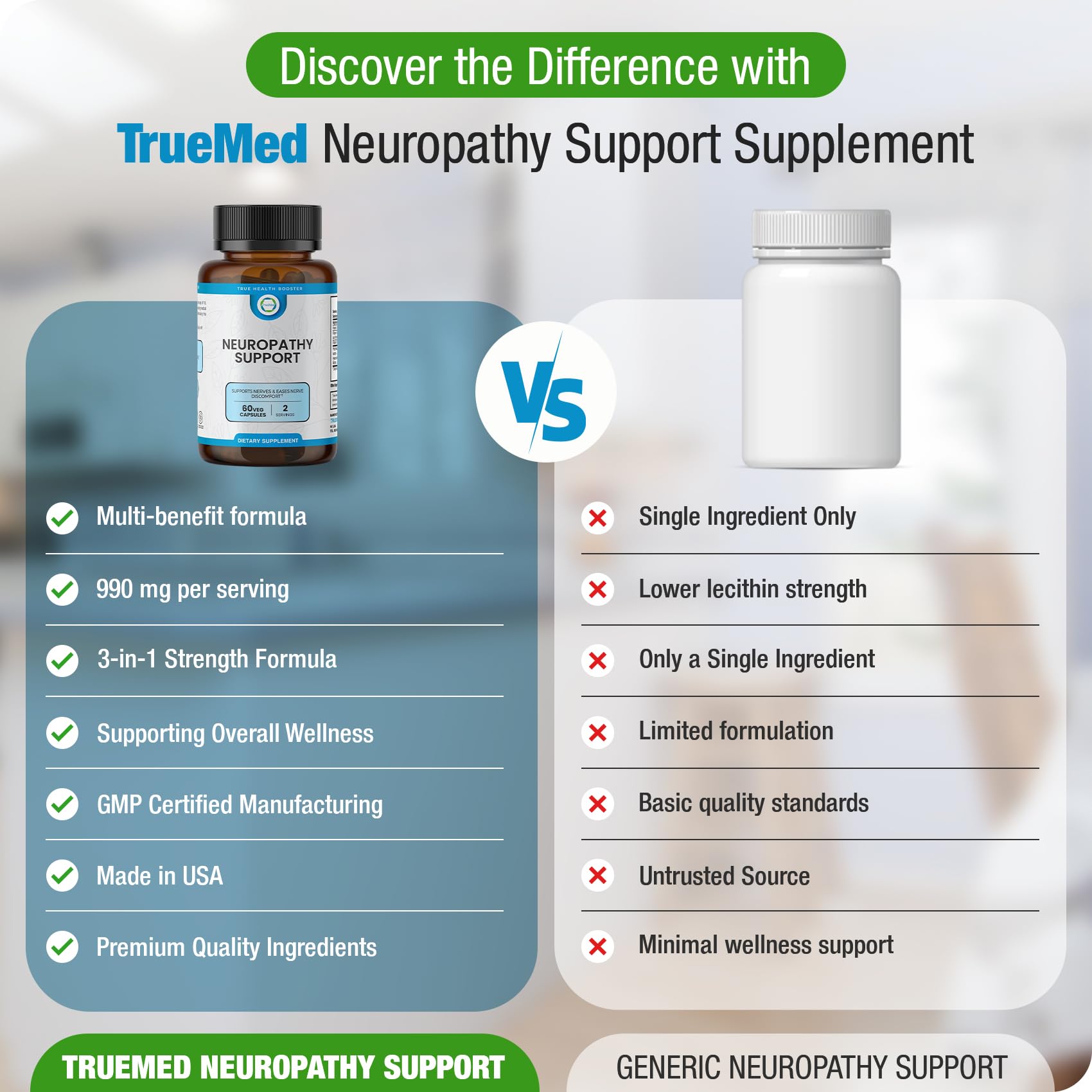 Etiqueta TRUEMED con lista de ingredientes y beneficios para la función nerviosa