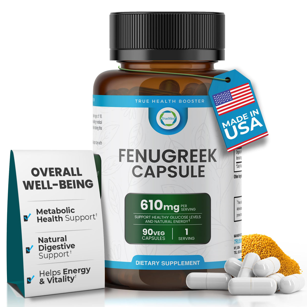 TRUEMED envase frontal con cápsulas de fenogreco, claridad de contenido