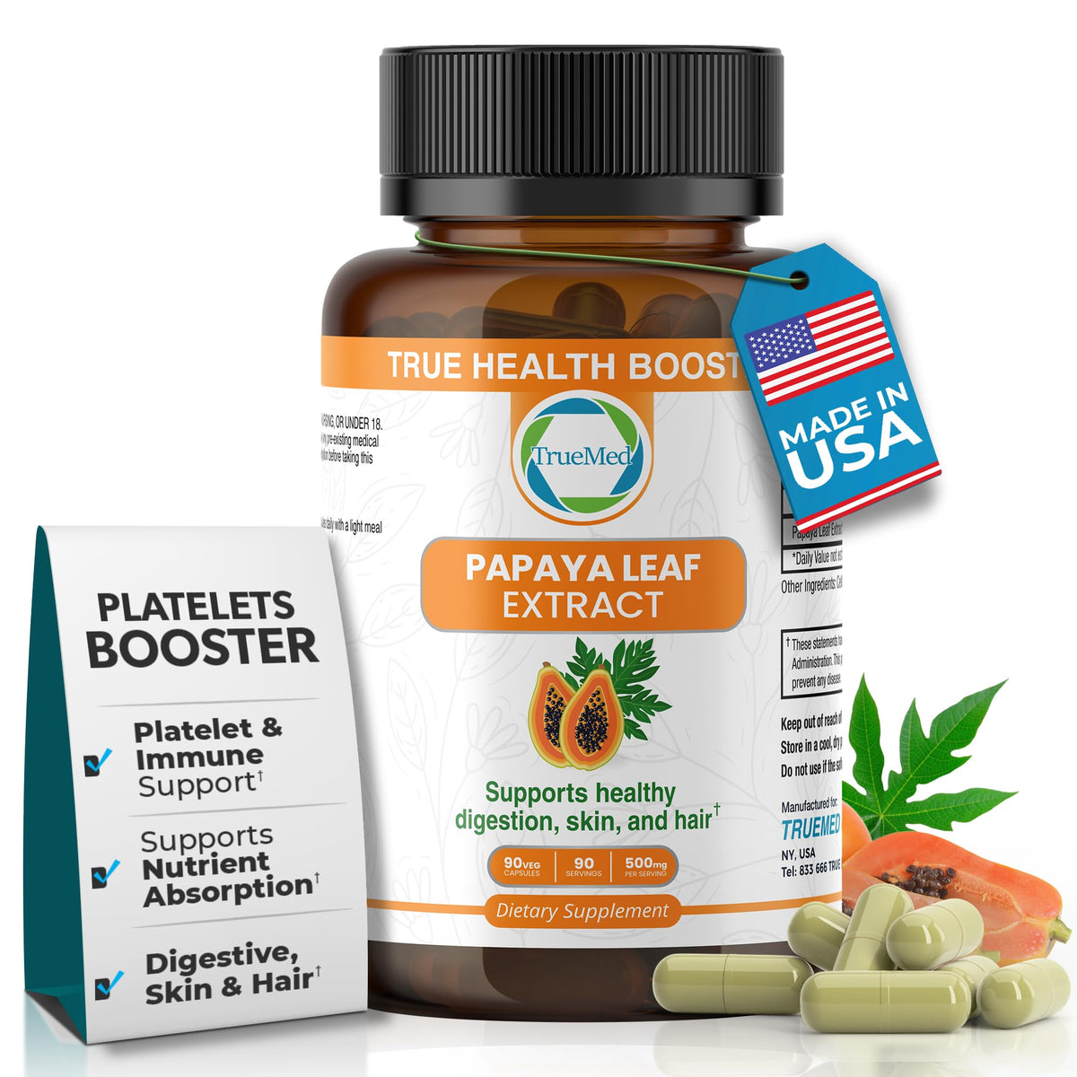 TRUEMED envase frontal de Papaya Leaf Extract mostrando 90 cápsulas y beneficios