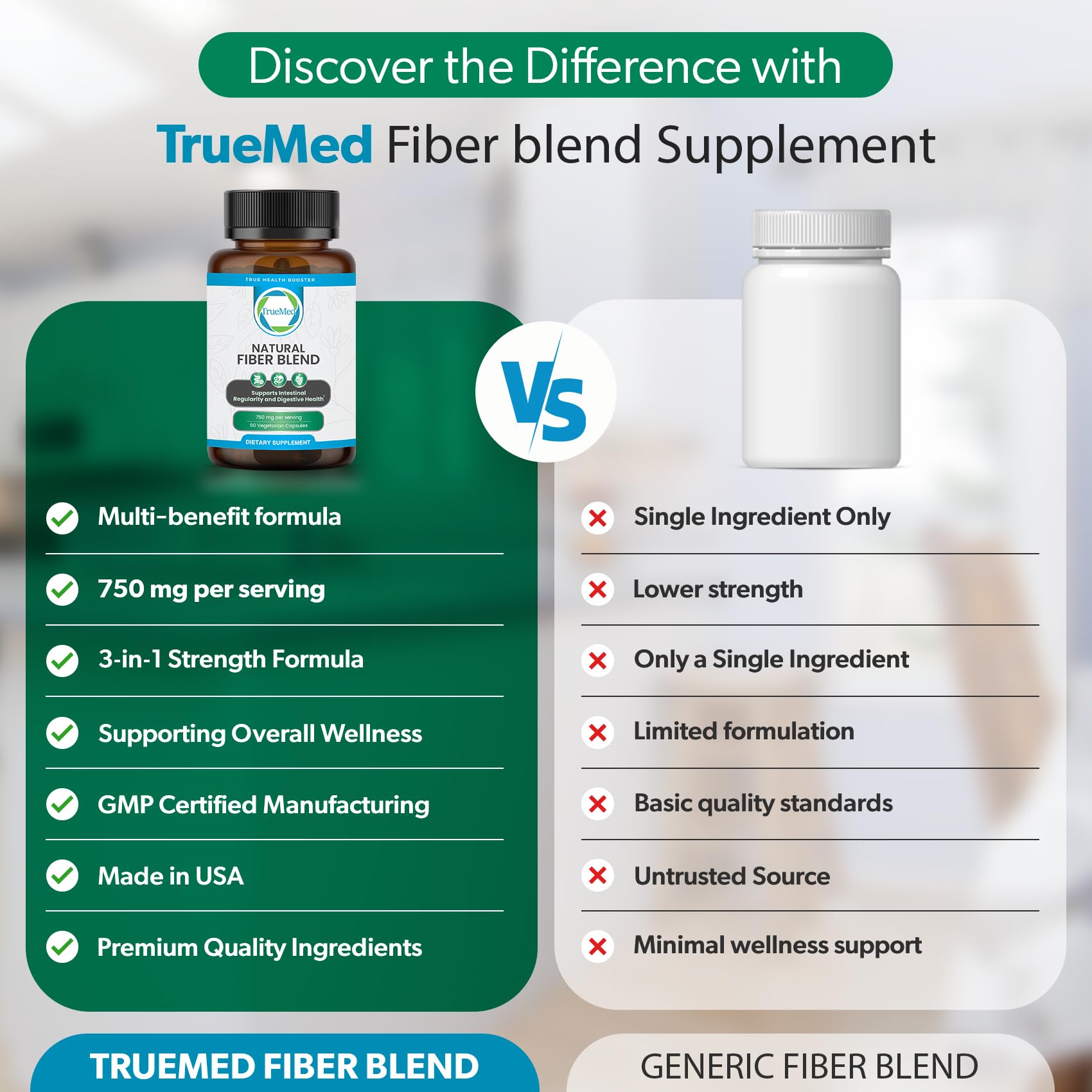 TRUEMED ingredientes psyllium, chía y linaza indicando variedad de fibra
