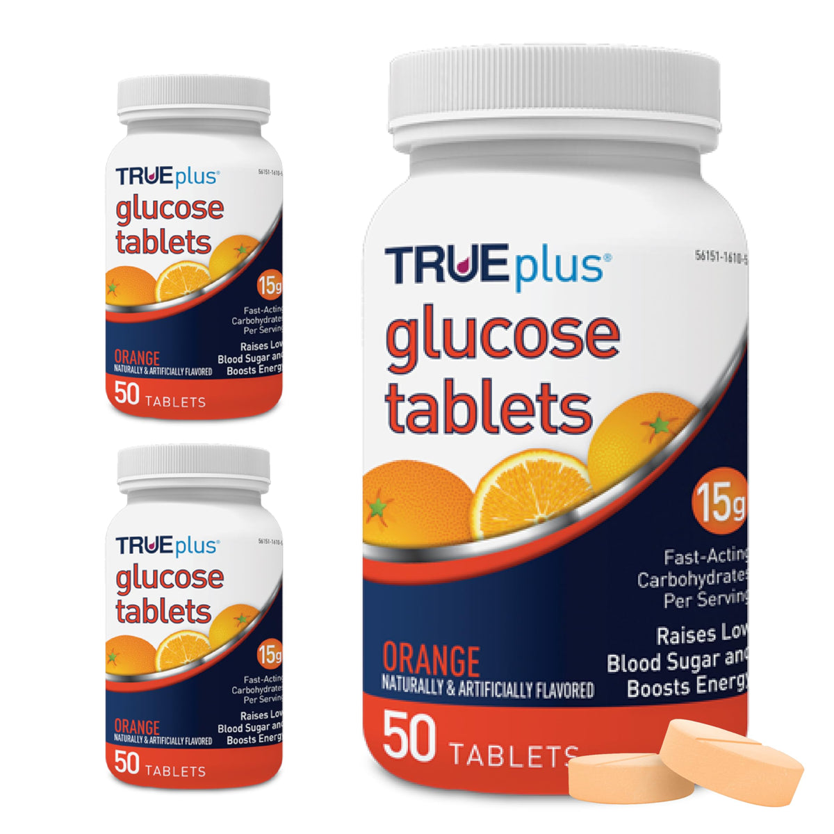 TRUEplus envase frontal naranja muestra presentación de 50 tabletas y conveniencia