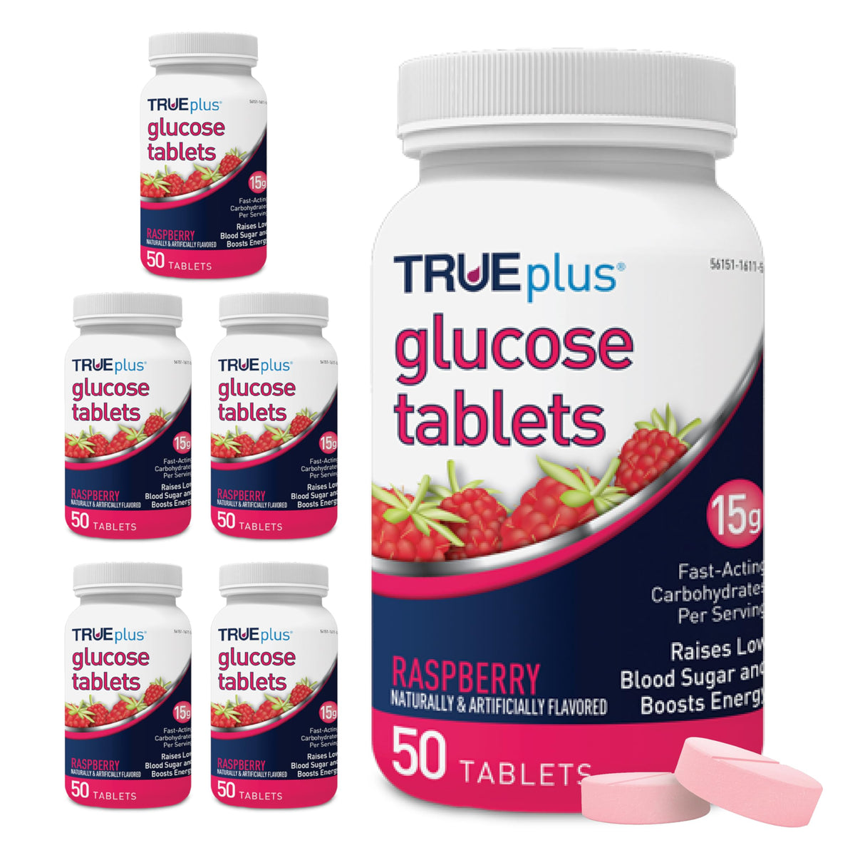 TRUEplus frasco frontal mostrando 50 tabletas y diseño fácil de abrir y almacenar