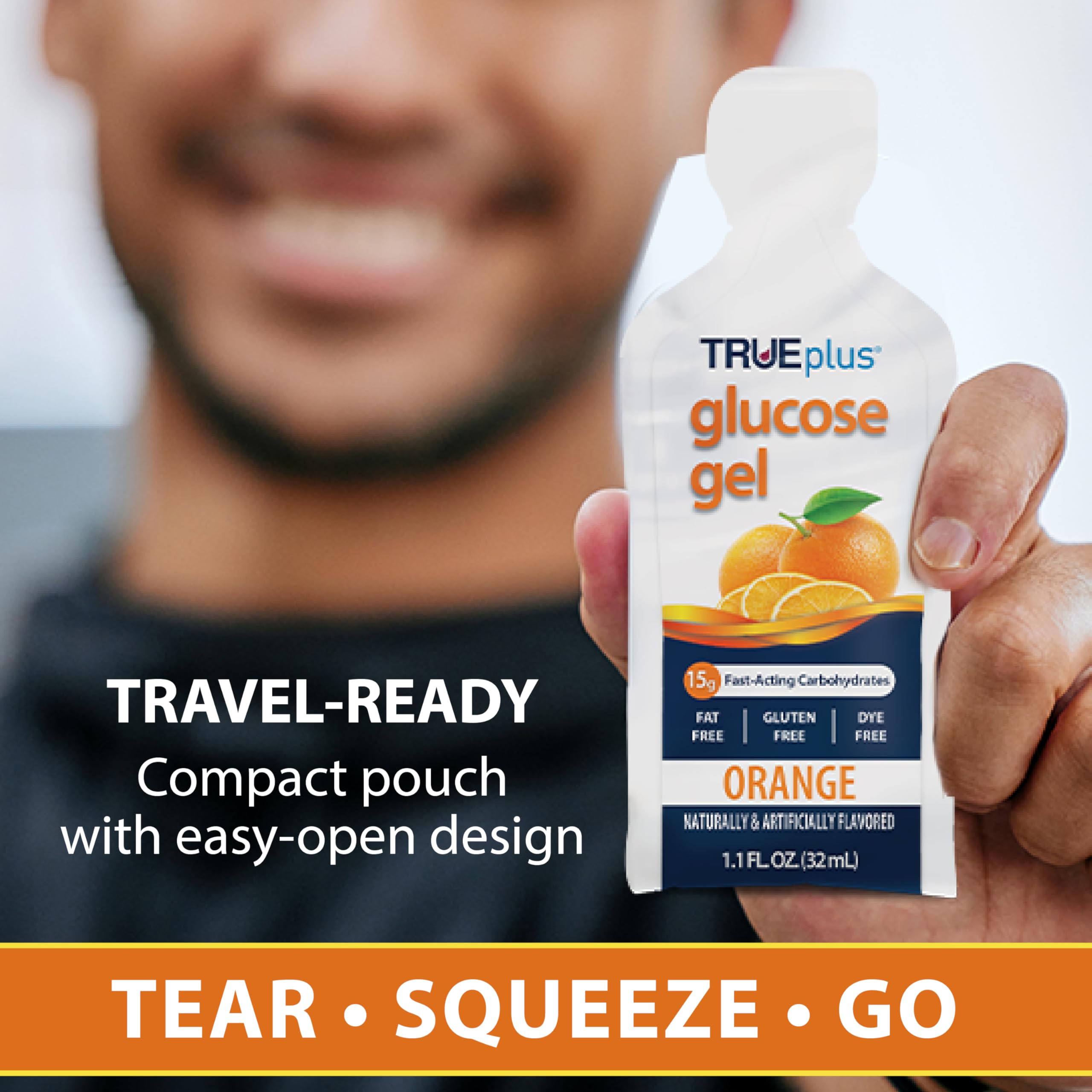 TRUEplus gel naranja comparación de tamaño con smartphone para escala