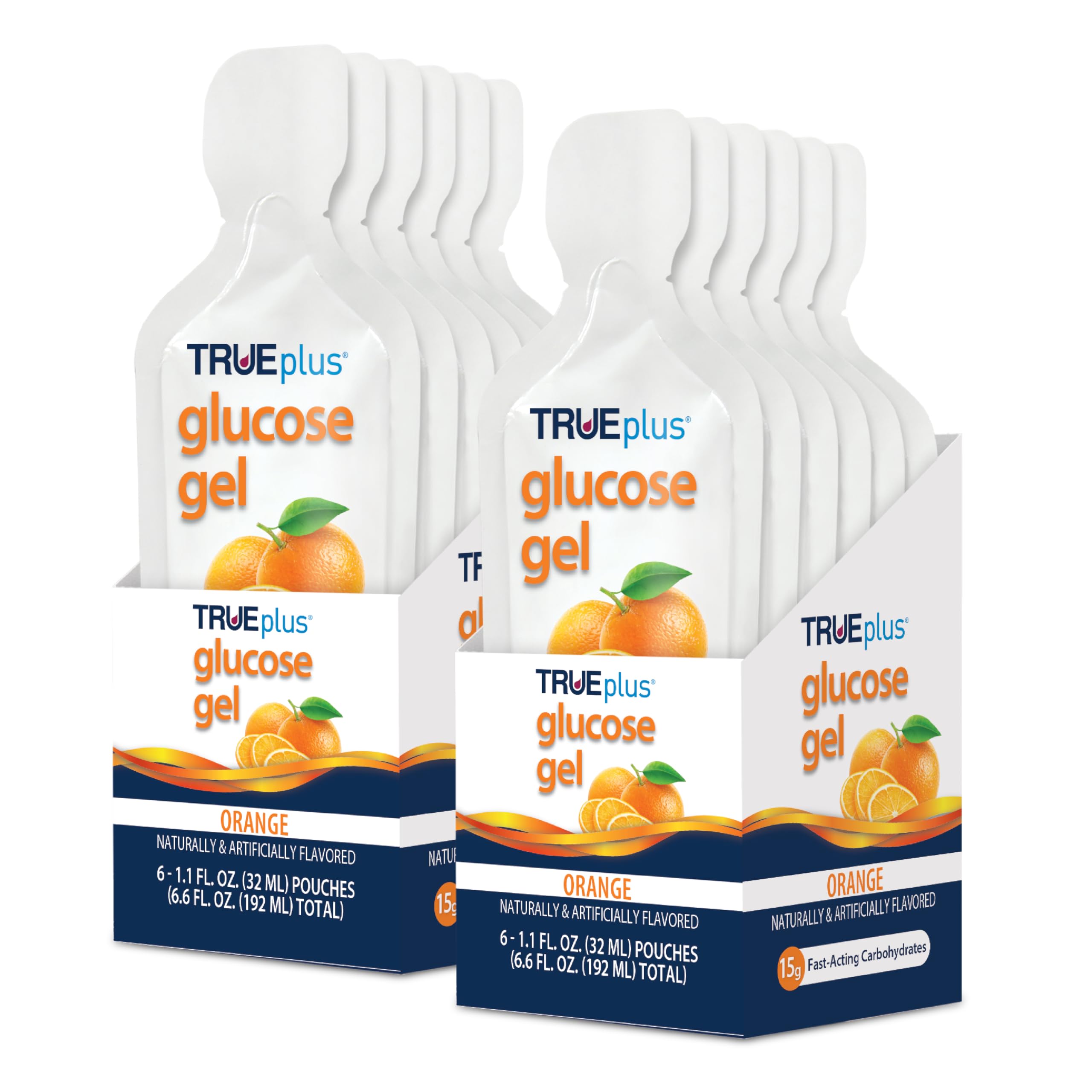 TRUEplus gel naranja frente del paquete muestra portabilidad y conveniencia
