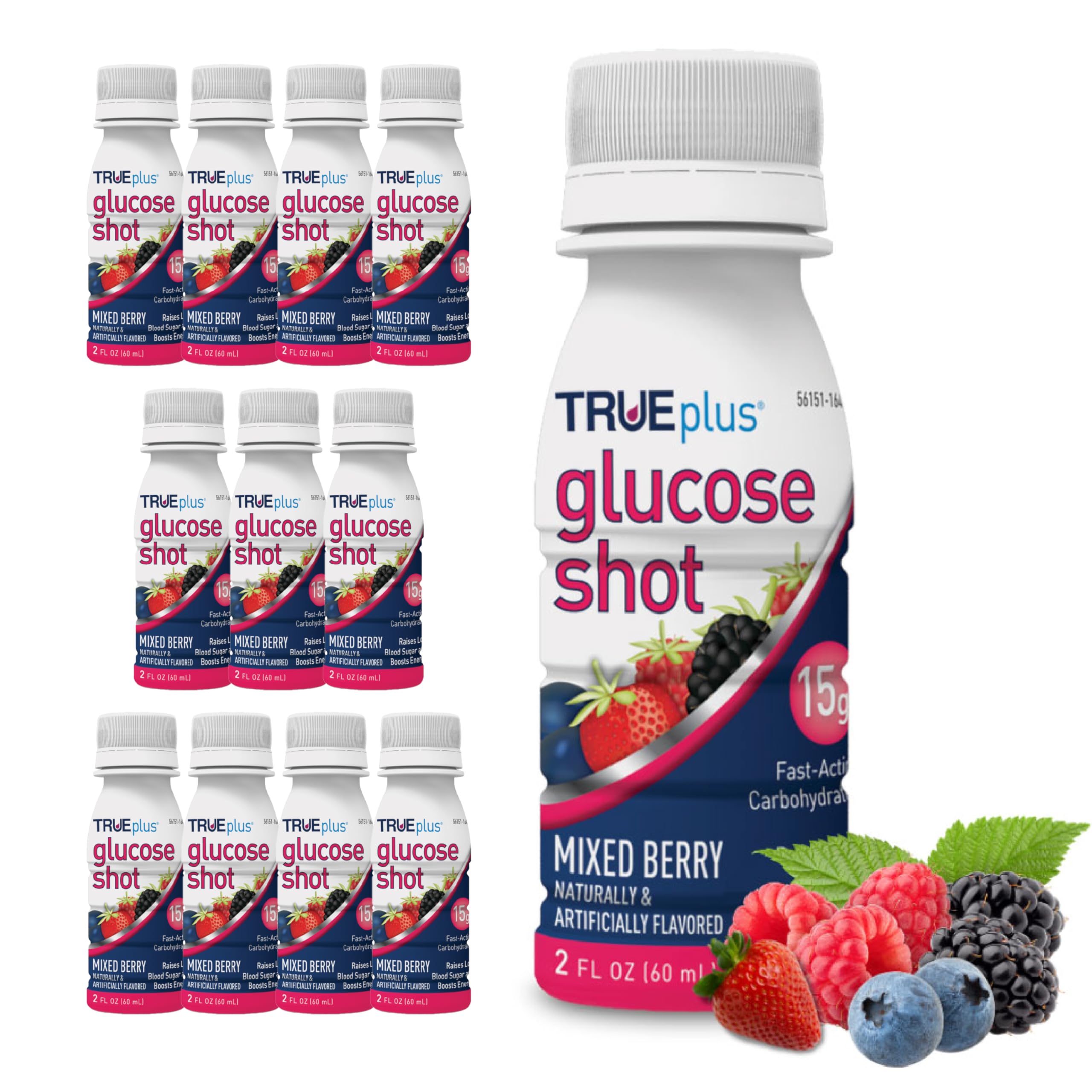 TRUEplus shot frontal del envase mixed berry mostrando portabilidad y sabor