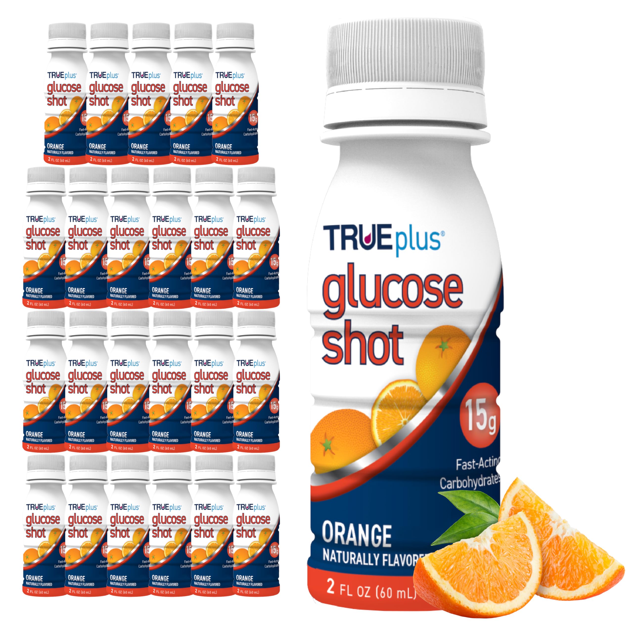TRUEplus shot naranja frente del pack 24 unidades, fácil transporte y energía