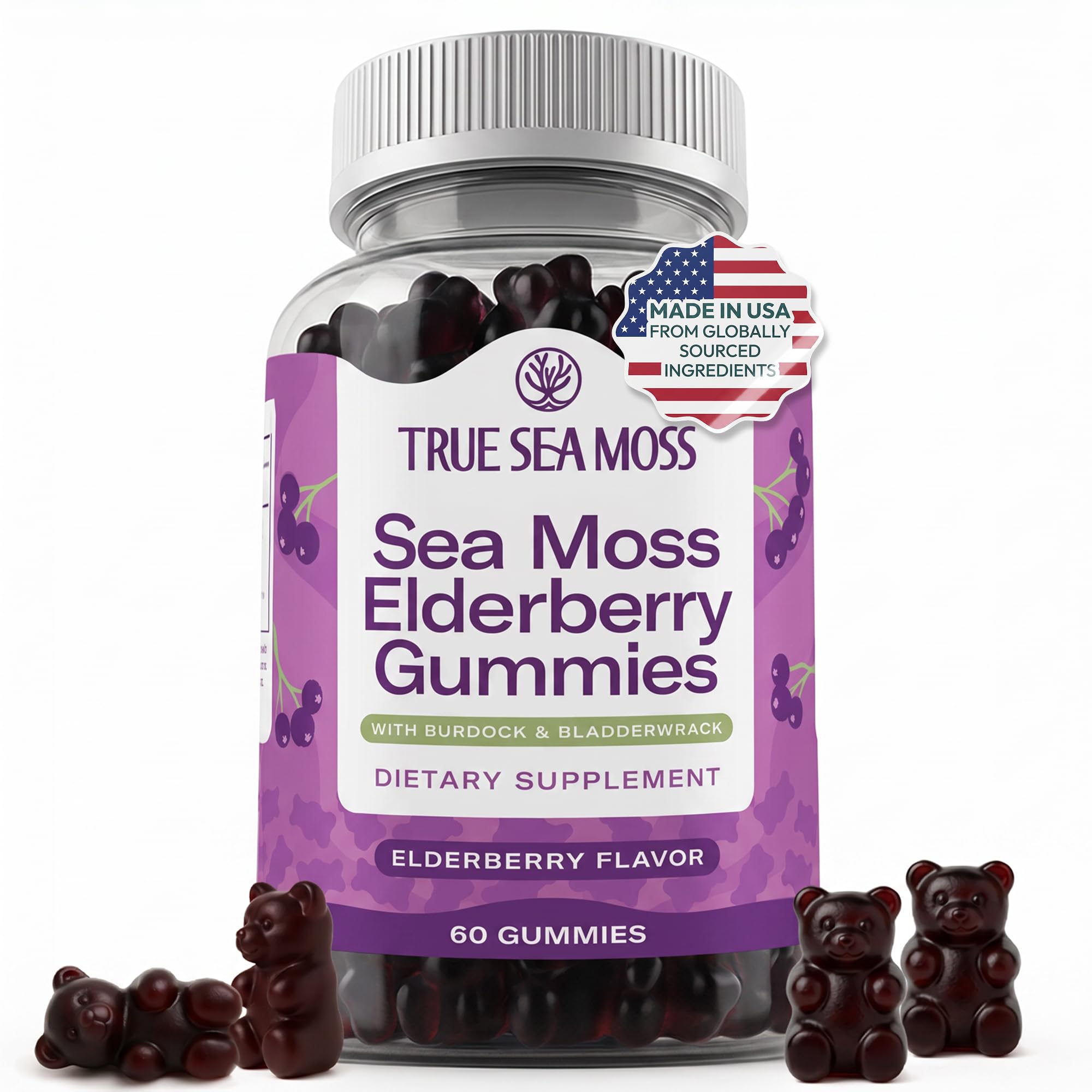 TrueSeaMoss envase frontal mostrando 60 gomitas y beneficios prácticos