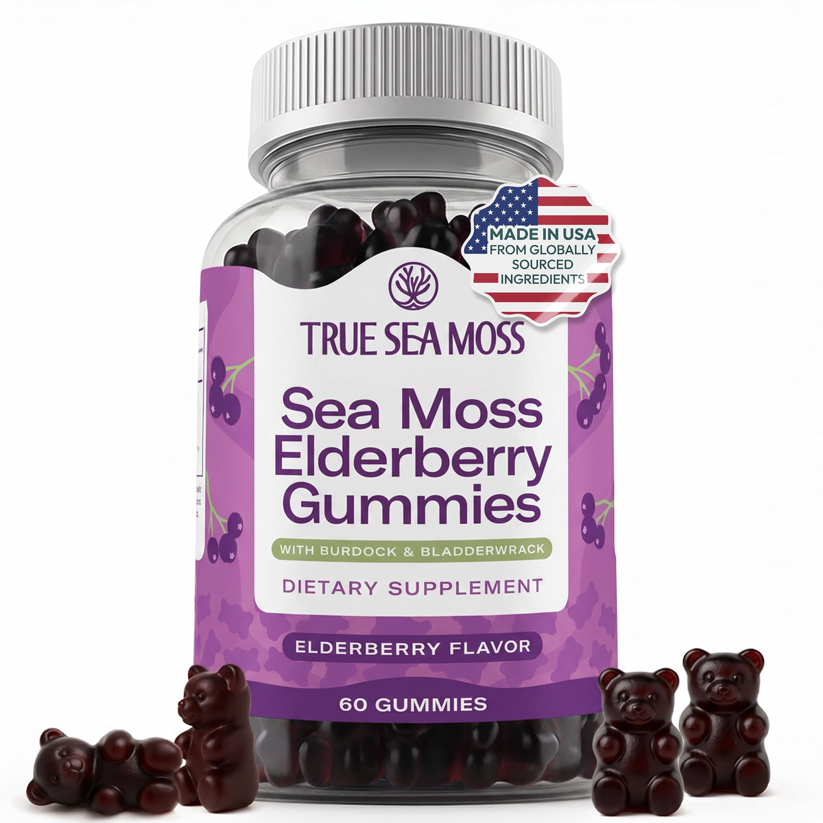 TrueSeaMoss envase frontal mostrando 60 gomitas y beneficios prácticos
