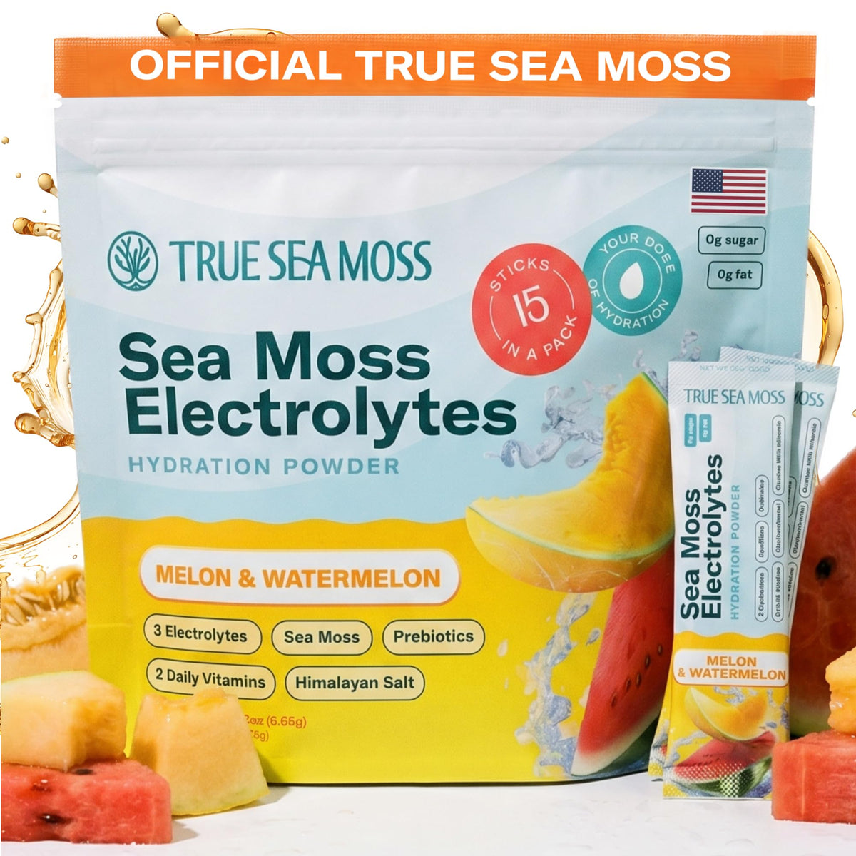 TrueSeaMoss frente del paquete con 15 stickpacks y sabor melón sandía, práctico