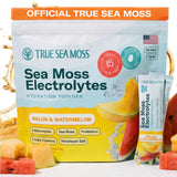TrueSeaMoss frente del paquete con 15 stickpacks y sabor melón sandía, práctico