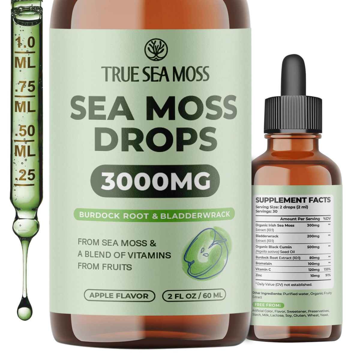TrueSeaMoss botella frontal mostrando el diseño y uso portátil