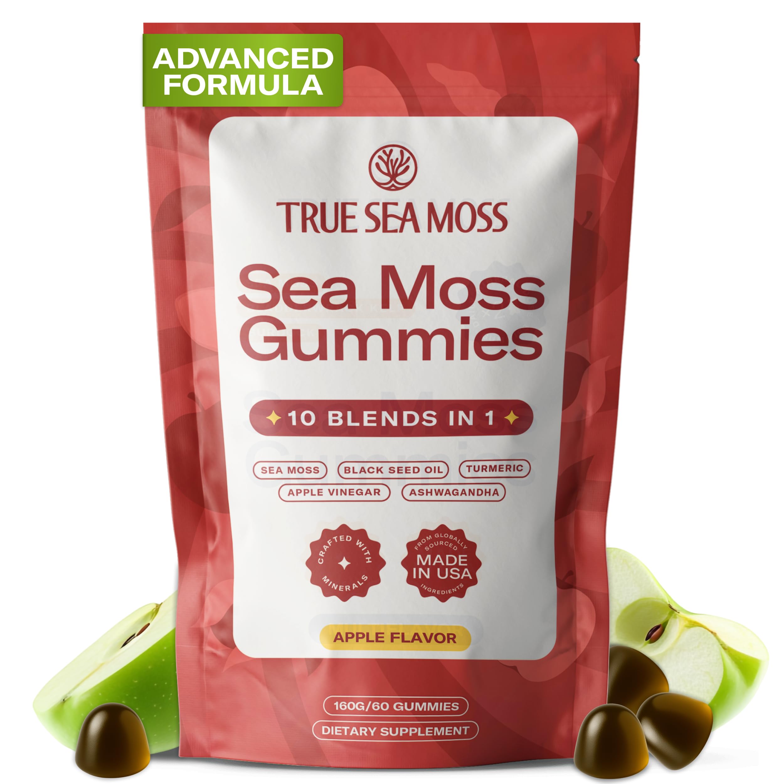 TrueSeaMoss envase frontal mostrando las 60 gomitas y sabor a manzana, fácil de integrar
