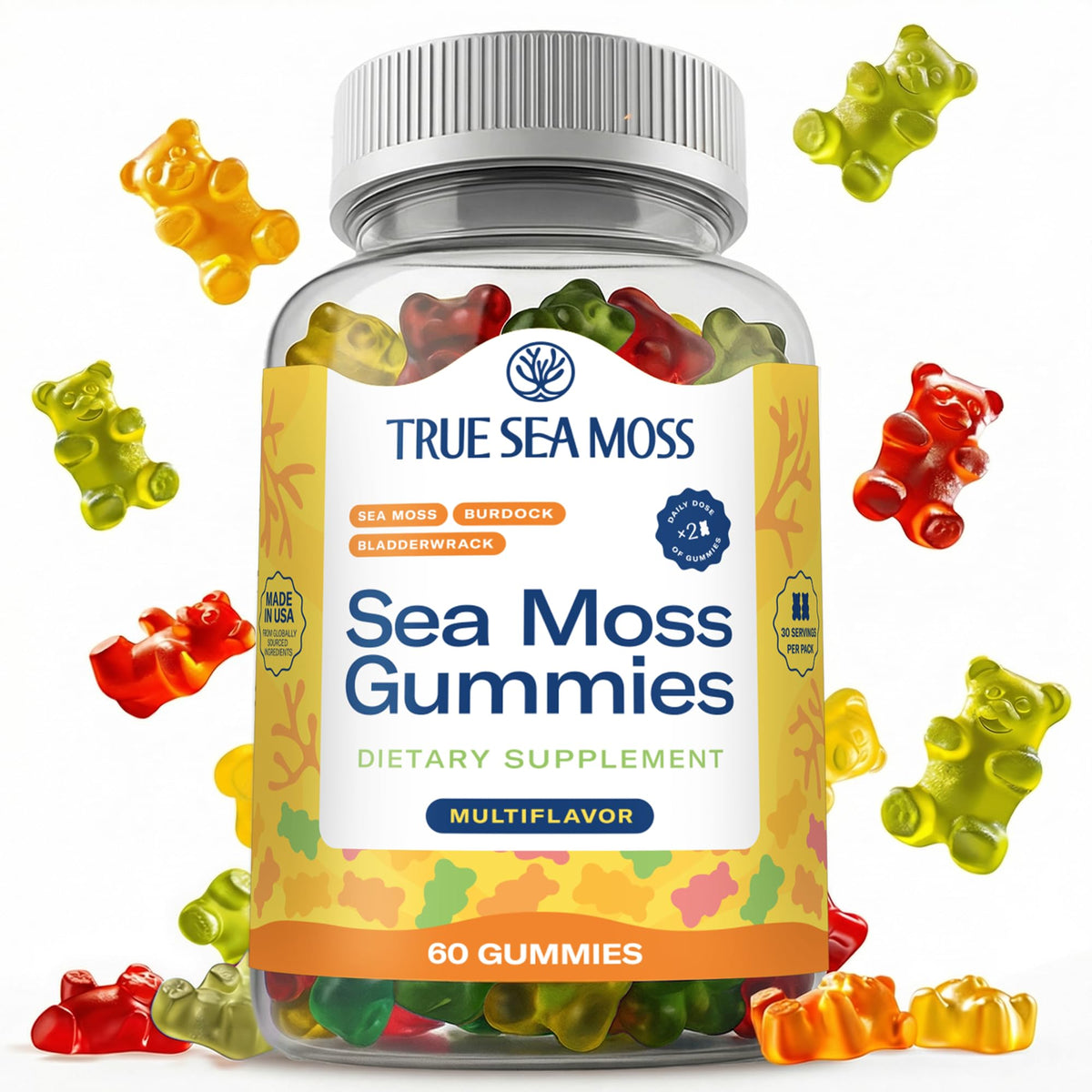 TrueSeaMoss envase frontal mostrando 60 gomitas y beneficio de conveniencia