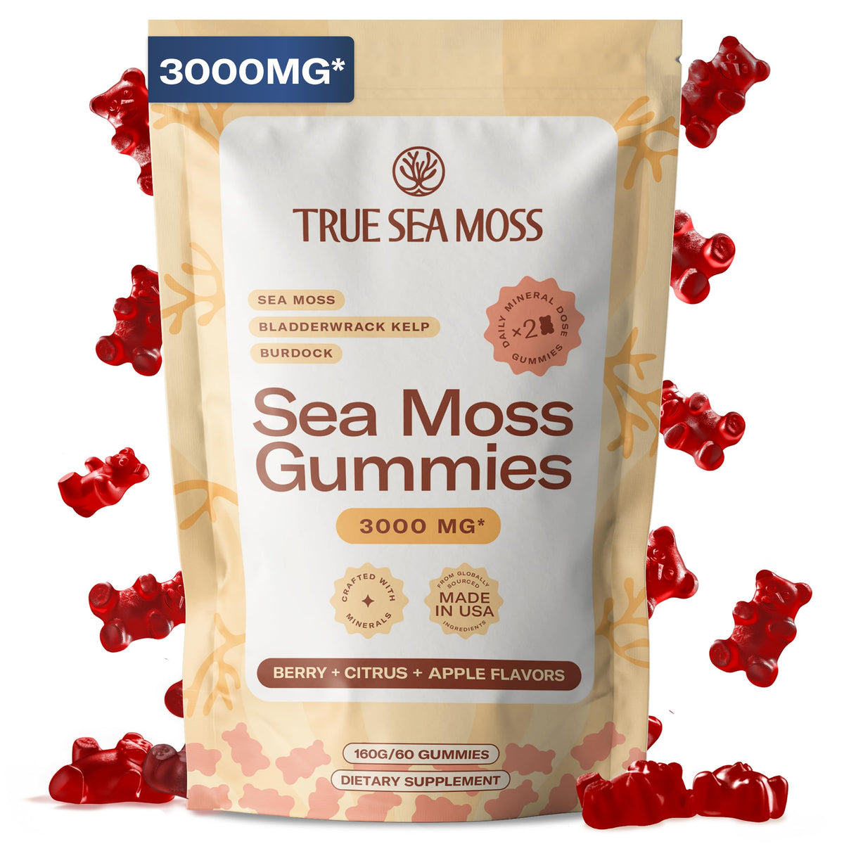 TrueSeaMoss frasco delantero mostrando etiqueta y cantidad de gomitas