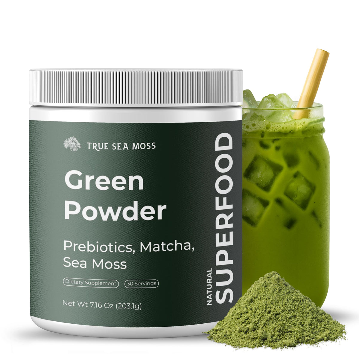 TrueSeaMoss envase frontal mostrando la marca y beneficios claros