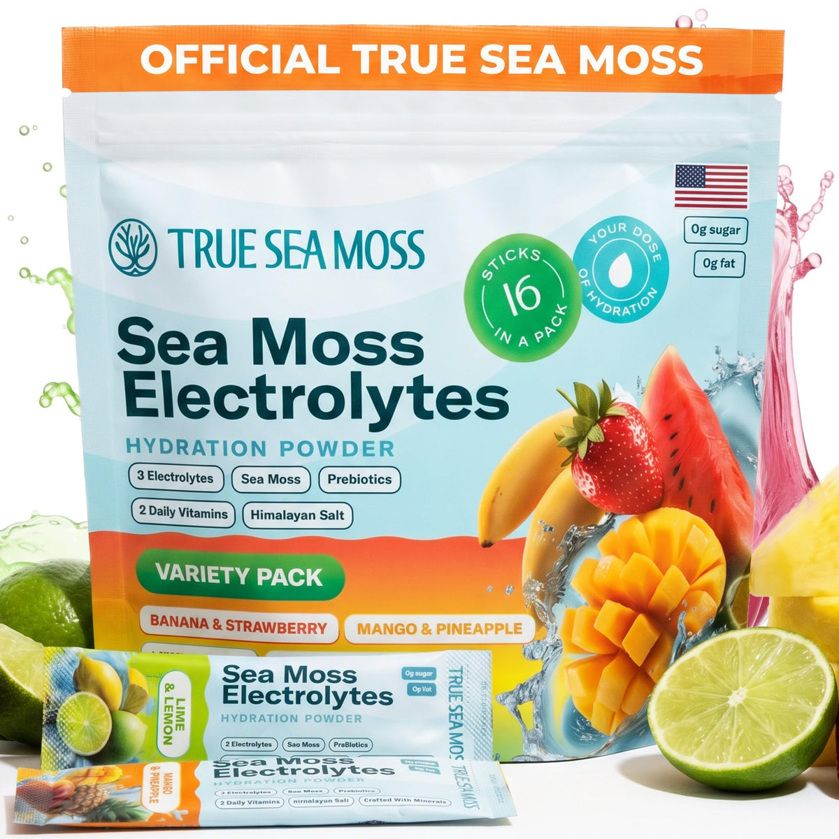 TrueSeaMoss stickpack al frente mostrando empaque y beneficio de hidratación rápida
