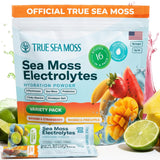 TrueSeaMoss stickpack al frente mostrando empaque y beneficio de hidratación rápida