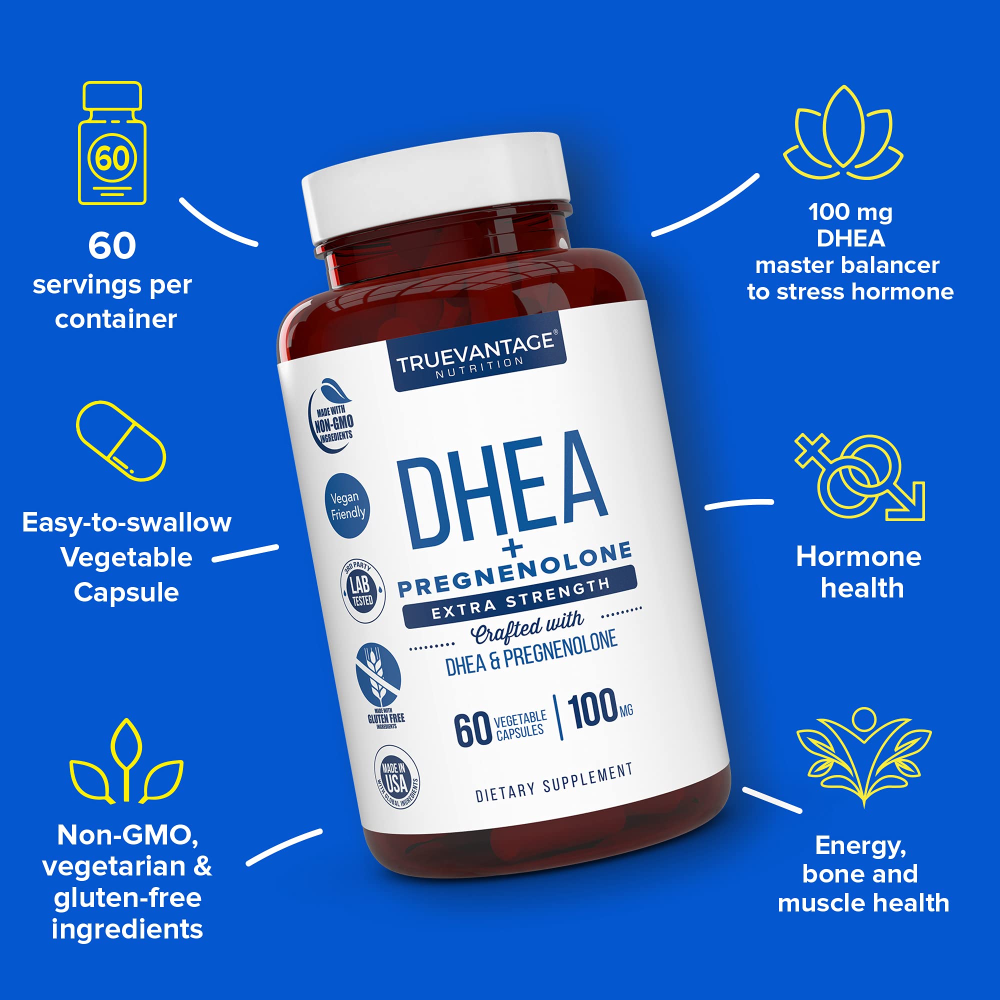 Truevantage DHEA cápsula vegetal en primer plano para fácil ingestión