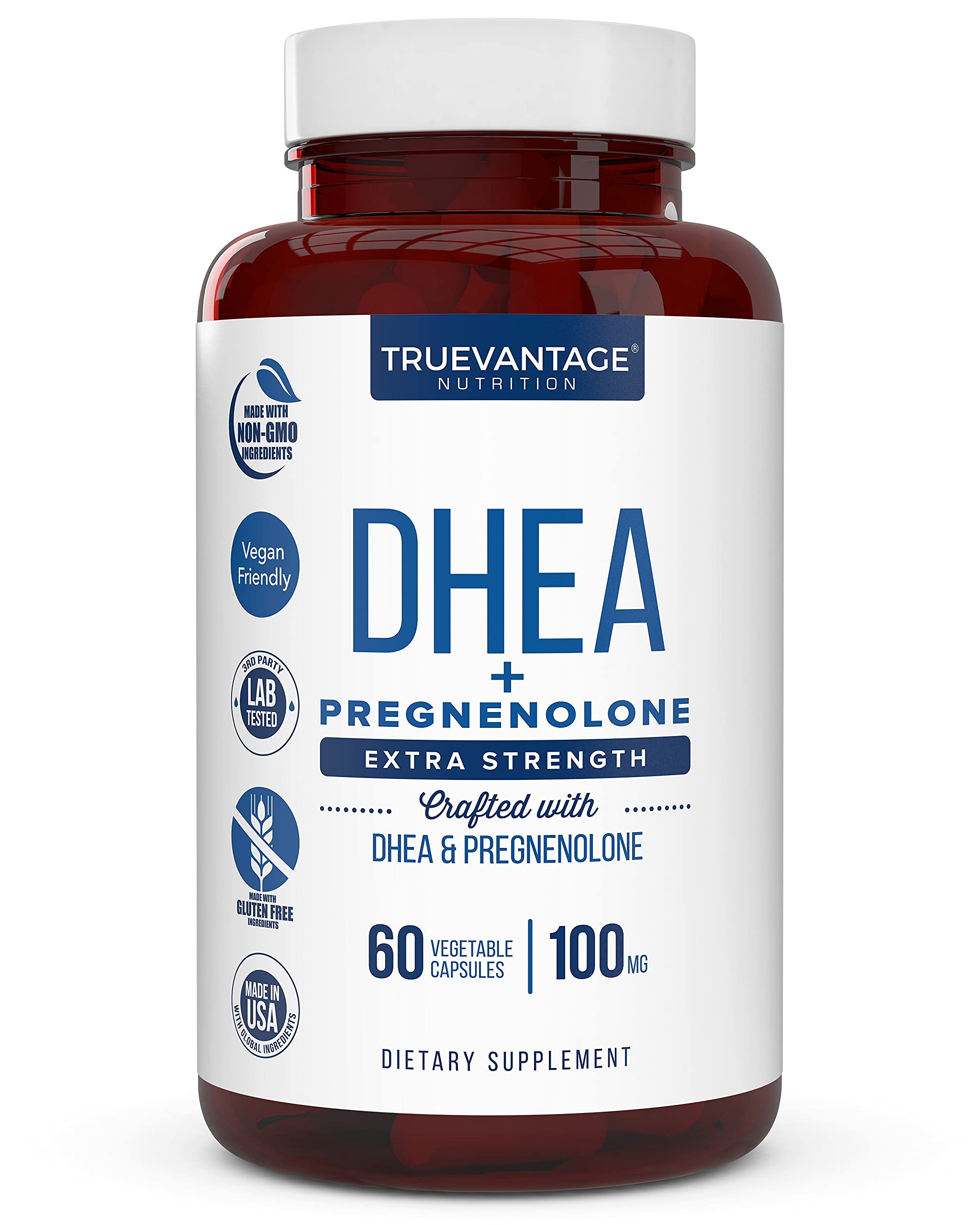 Truevantage DHEA frontal del envase mostrando la marca y beneficios