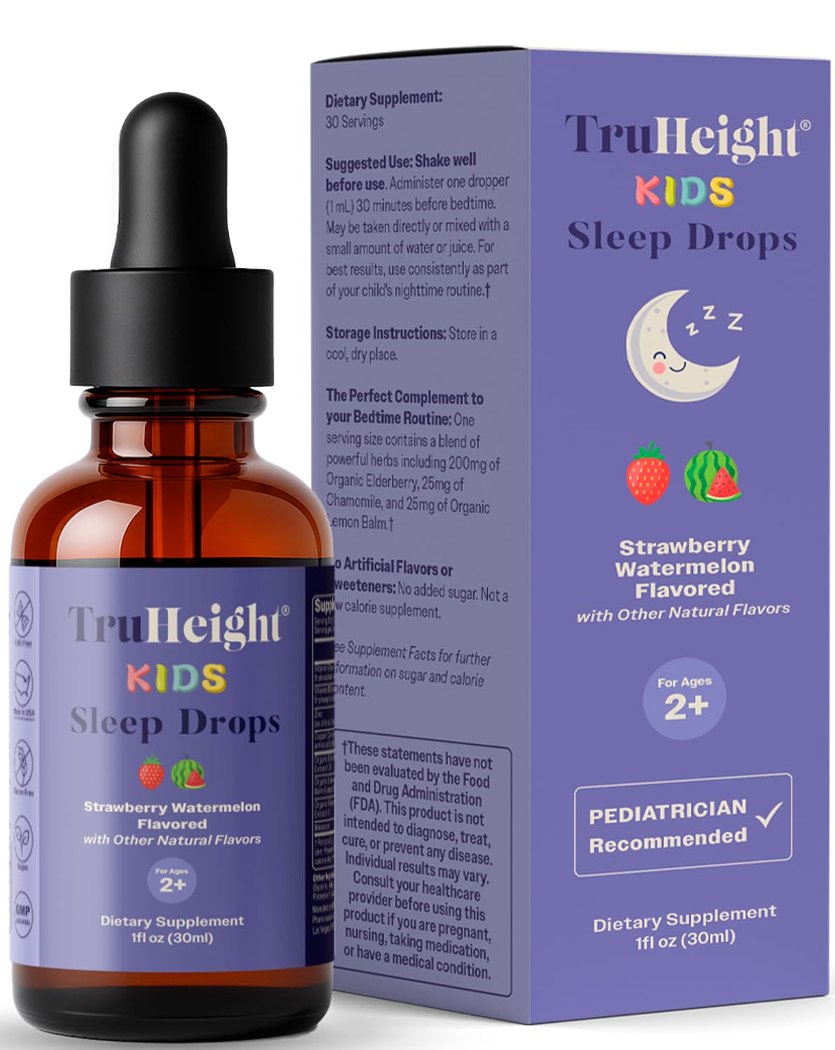 TruHeight botella frontal sabor sandía mostrando etiqueta y beneficio sueño suave